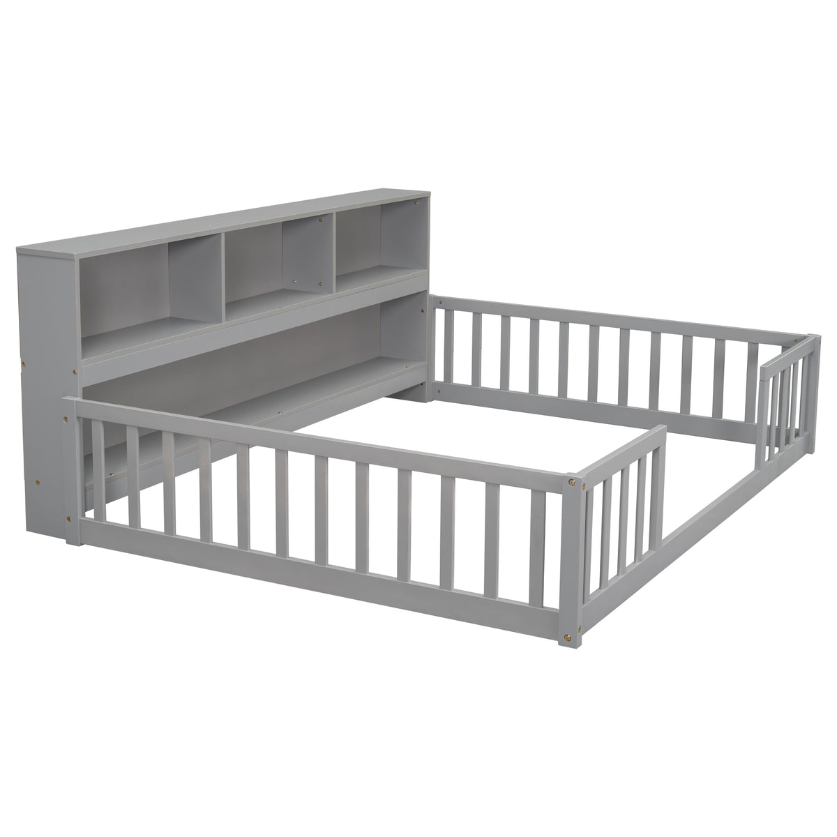 Full Floor Bed with Side Bookcase, Shelves, Guardrails