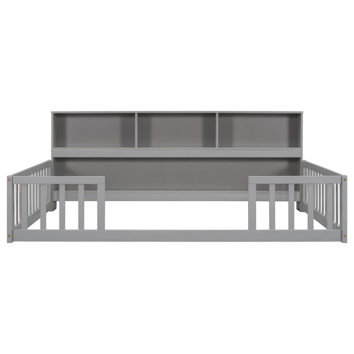 Full Floor Bed with Side Bookcase, Shelves, Guardrails