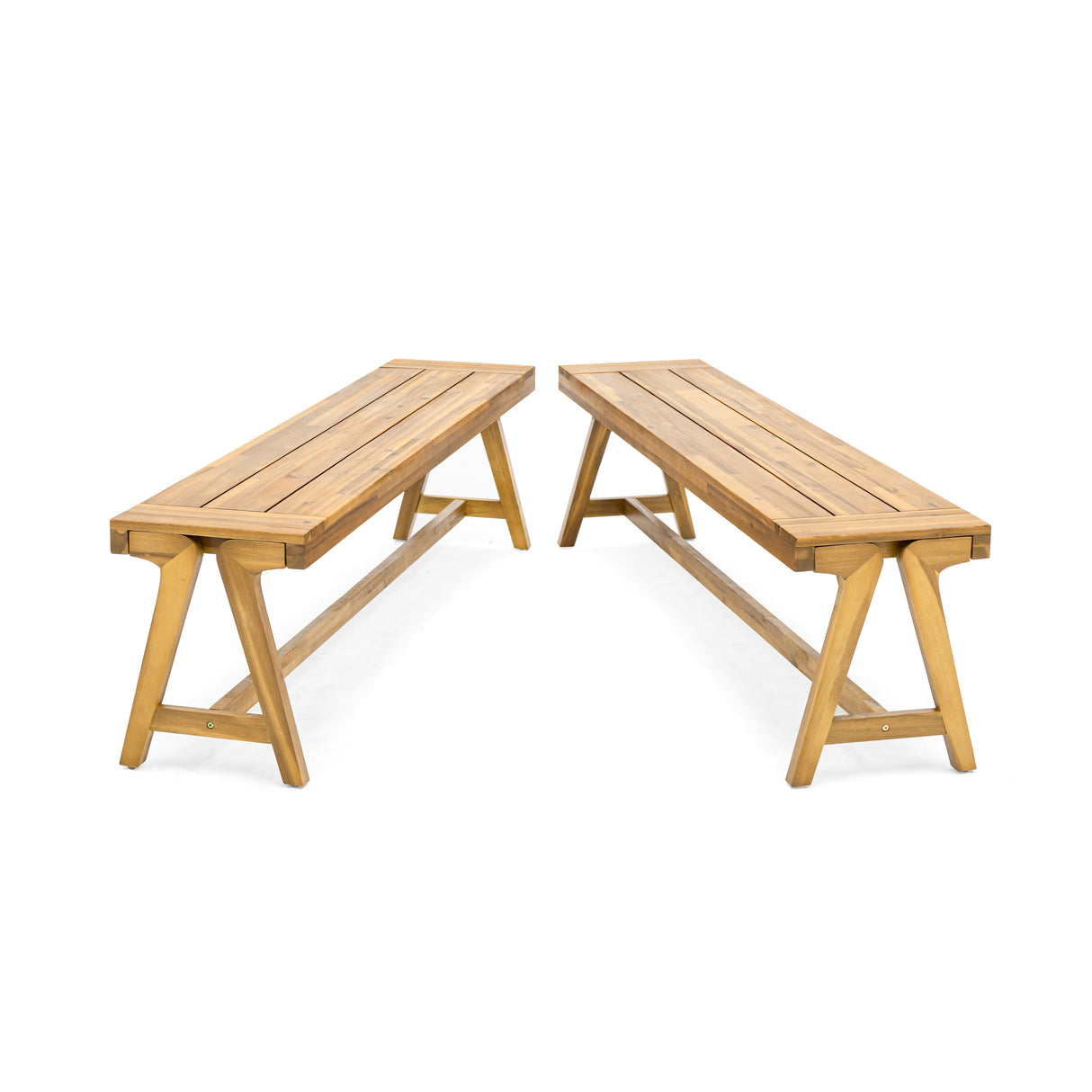 Outdoor Dining Benches (Set of 2) - Acacia Wood with Teak Finish