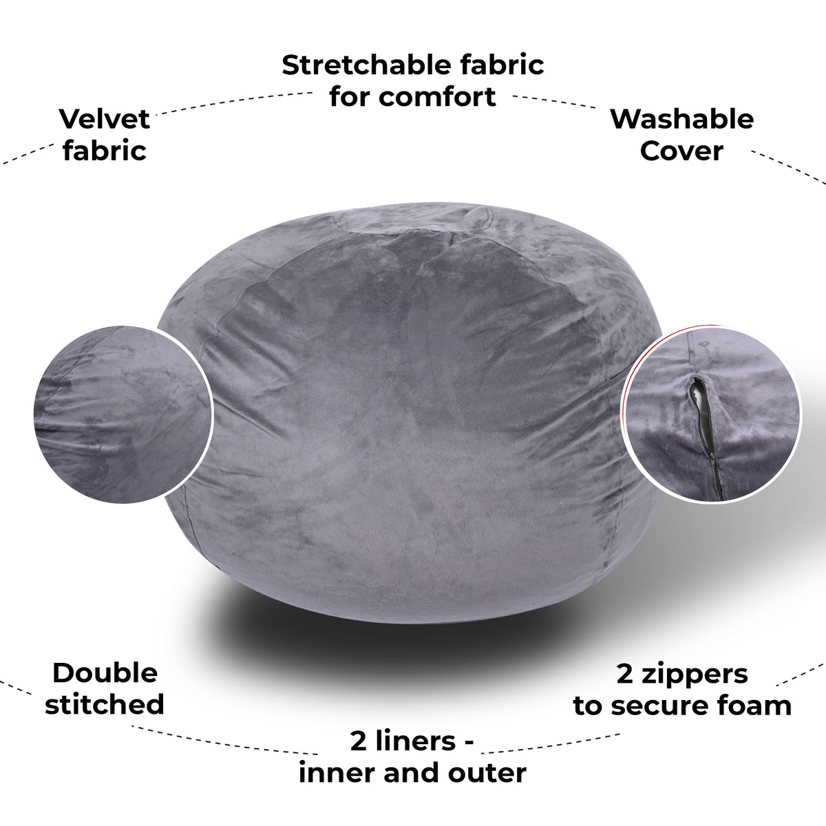 Minky Velvet Bean Bag Chair - Grey 5ft Plush Floor Chair