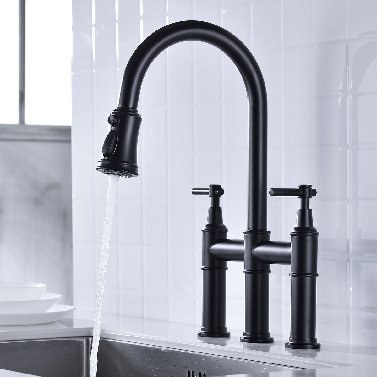 Bridge Kitchen Faucet with Pull-Down Sprayhead