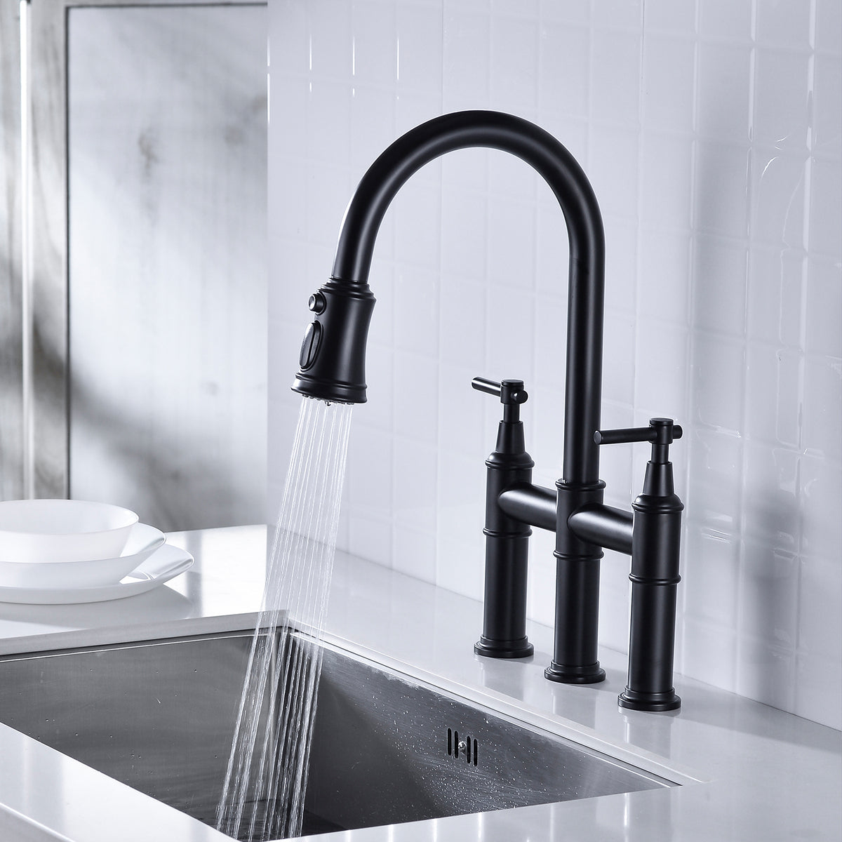 Bridge Kitchen Faucet with Pull-Down Sprayhead