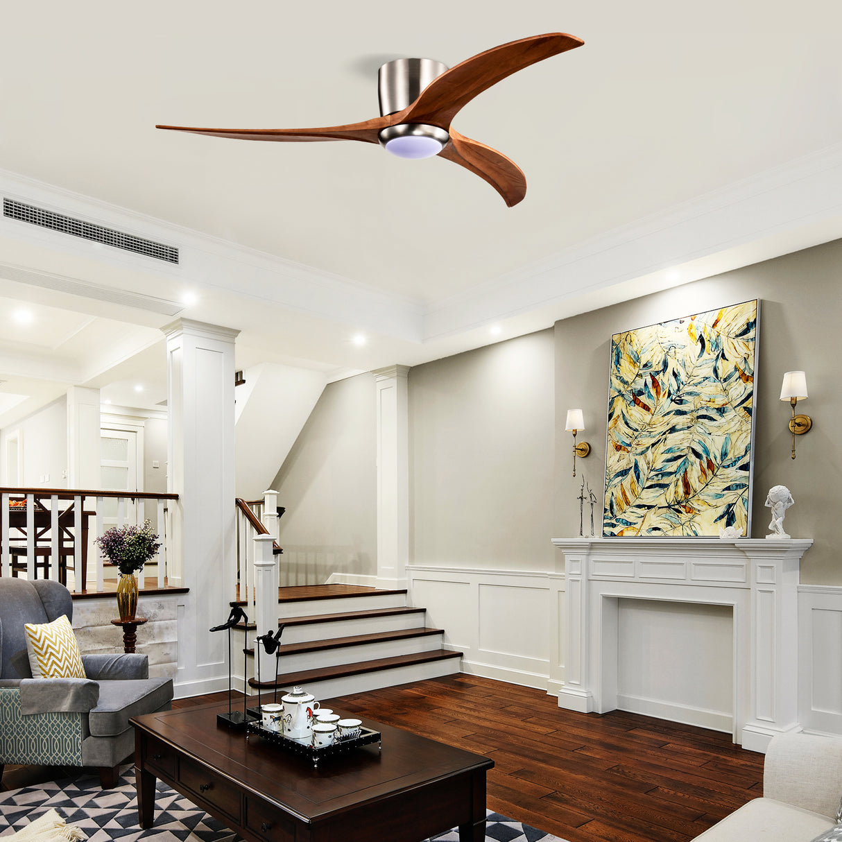 52" Flush Mount Fan Light with Solid Wood Blades and Remote Control