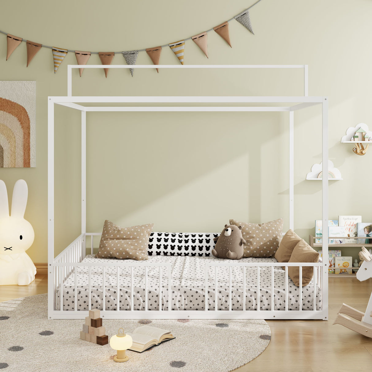 3 In 1 Convertible Montessori Floor Bed With Fenced Support