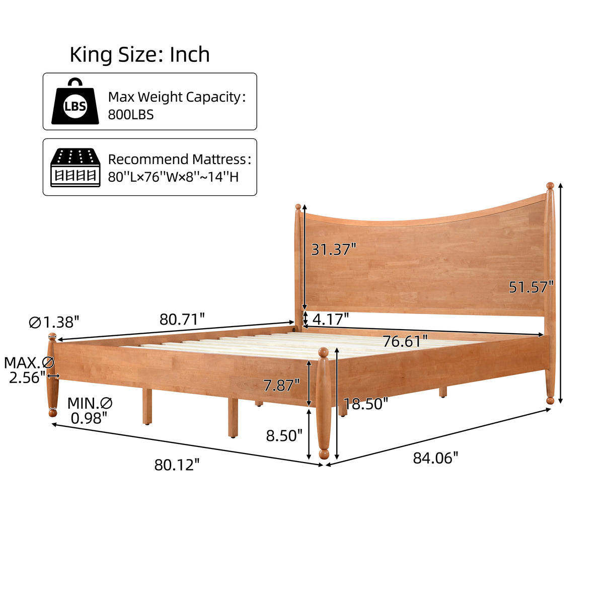 Classic Transitional King Size Solid Wood Platform Bed Frame