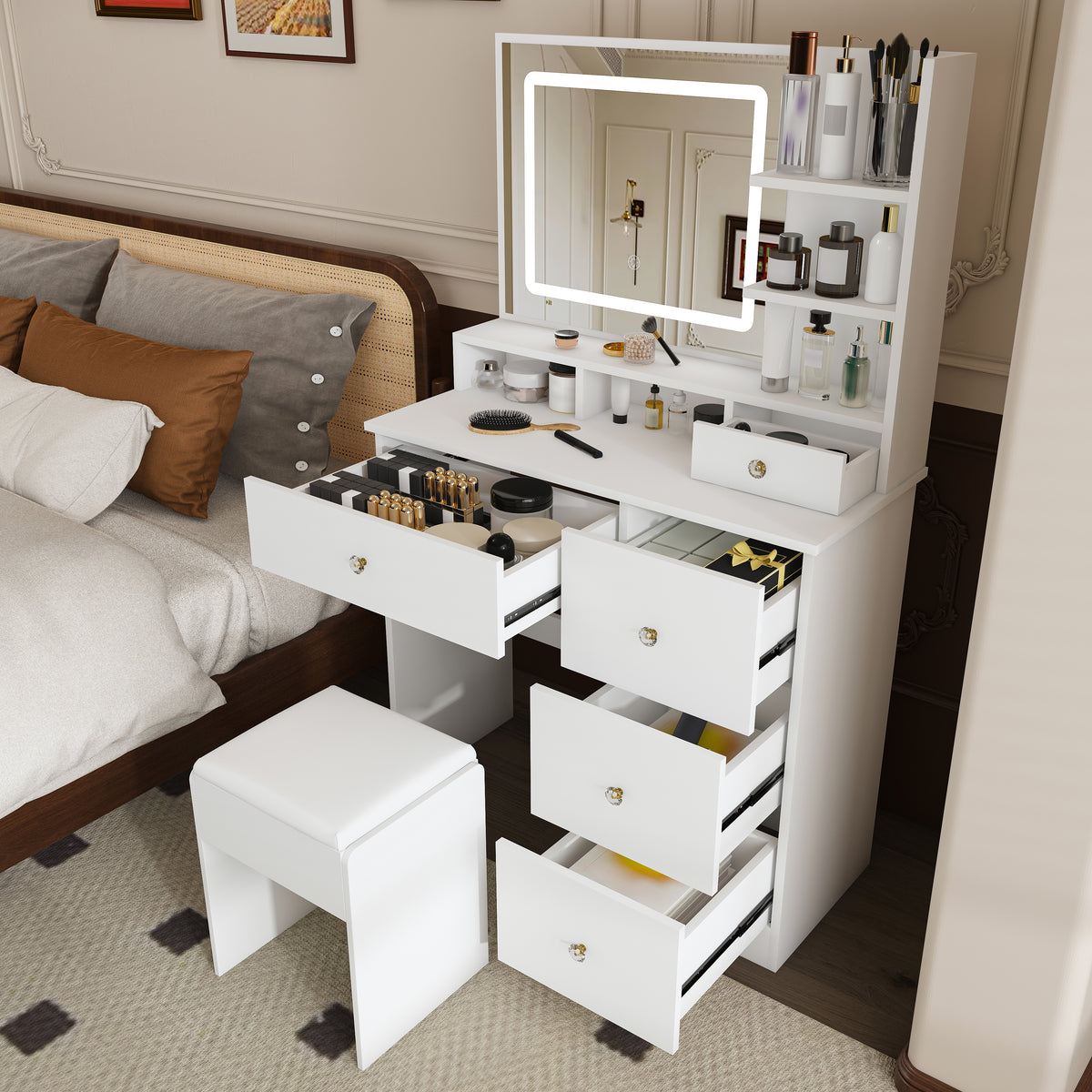 Fashion Vanity Desk with Mirror & 3-Color Dimmable LED Lights