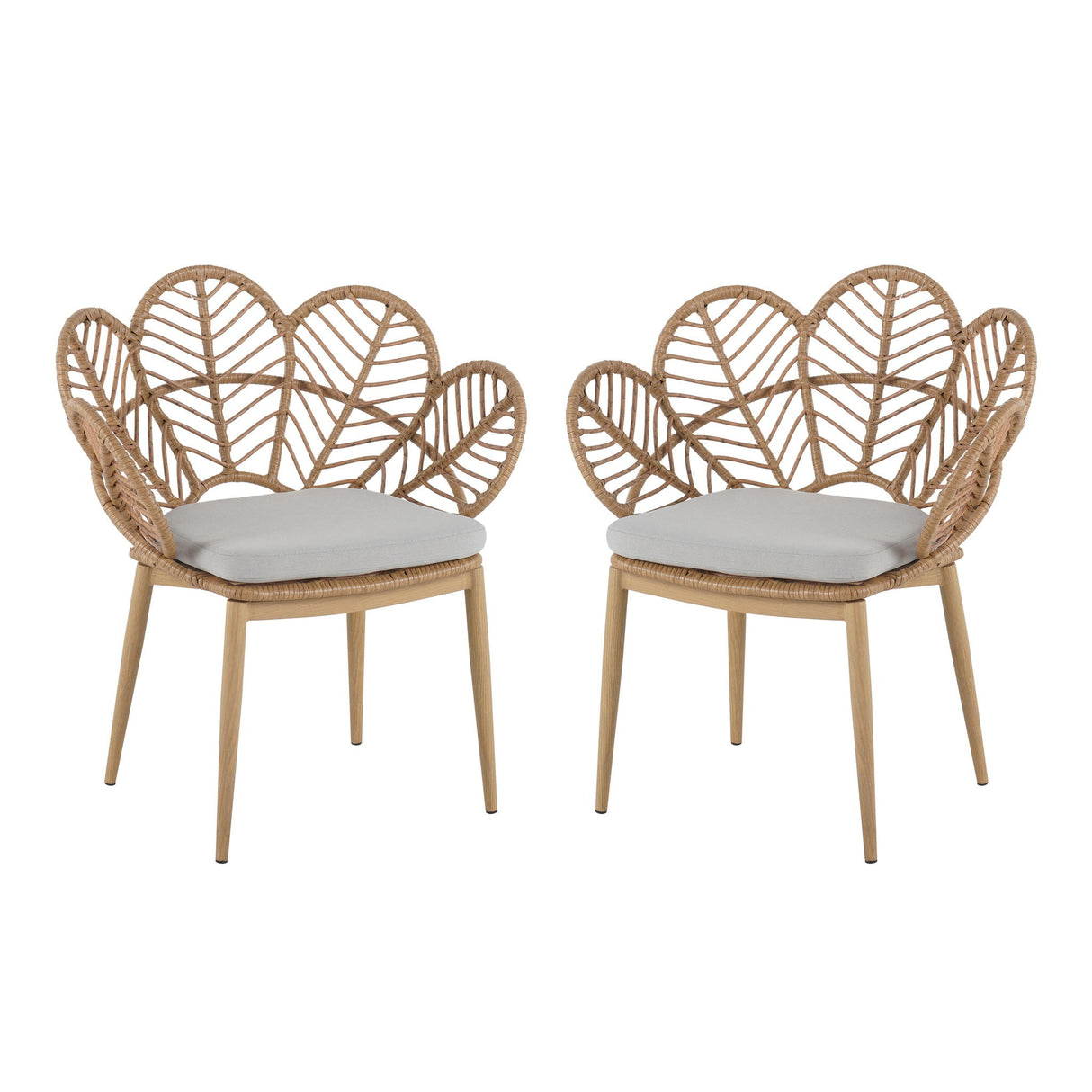 Kirk - Outdoor Wicker Peacock Shape Papasan Style Chair, Teak Finished Leg (Set of 2) - Beige / Light Brown / Light Teak