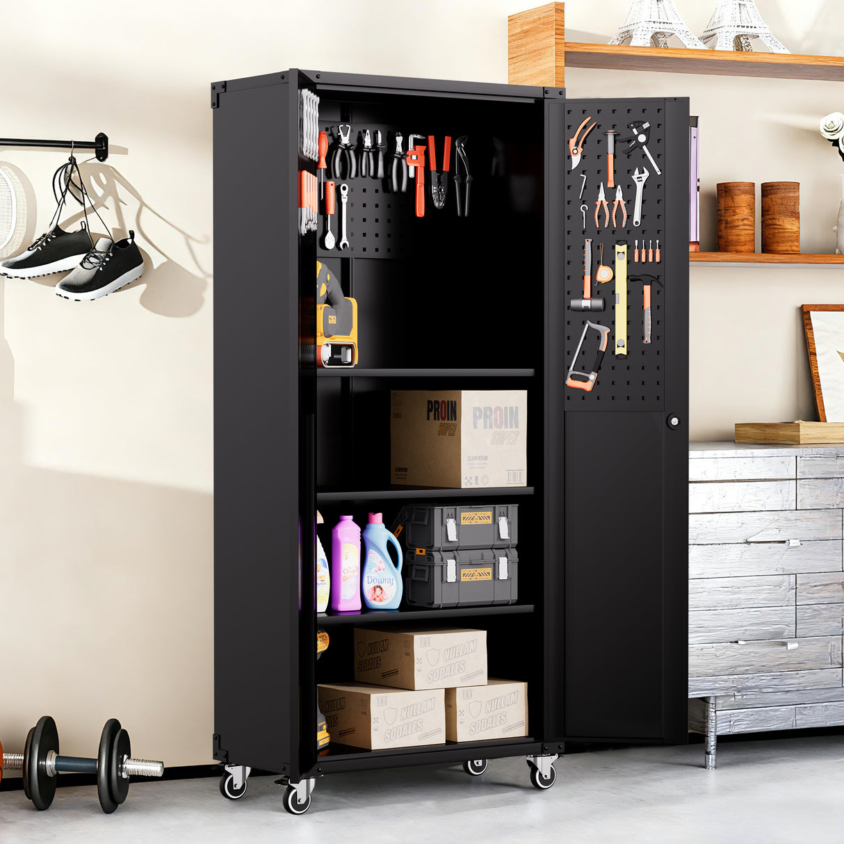 71" All-Black Metal Garage Storage Cabinet with Wheels