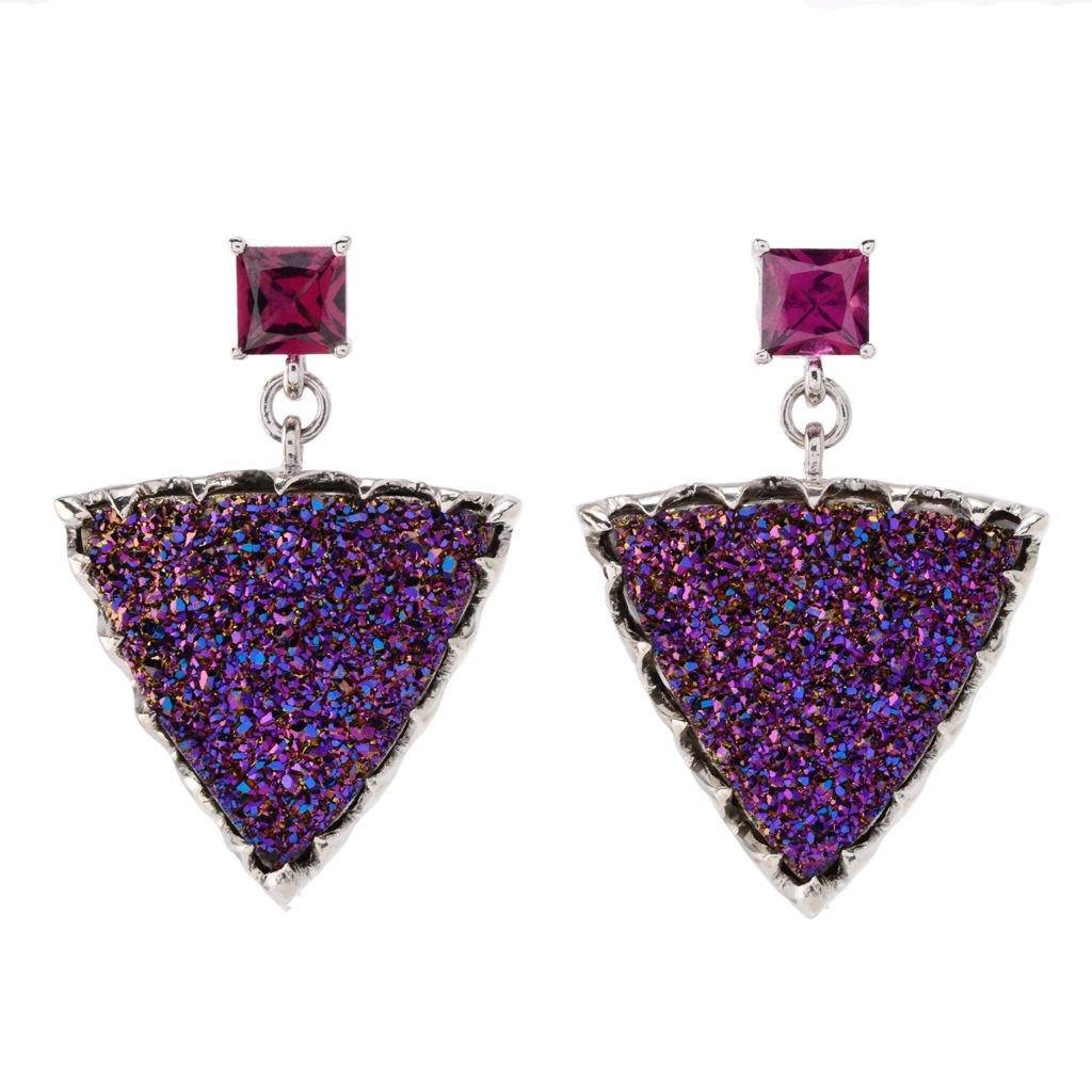 MUSE Sterling Silver 18mm Triangle Pink Drusy & Gem Stud Drop Earrings
