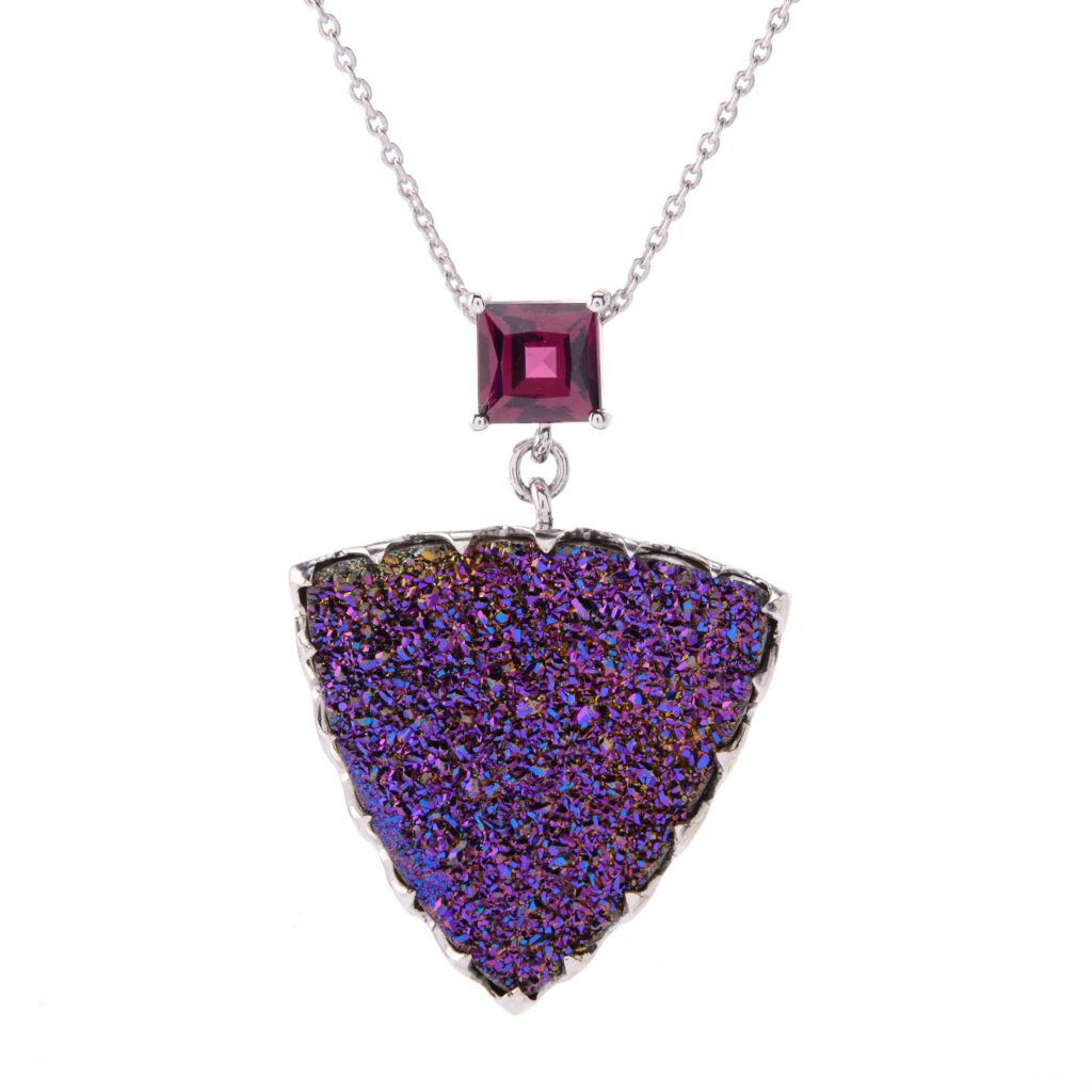 MUSE Sterling Silver 23mm Triangle Pink Drusy & Gem Pendant w/ Chain