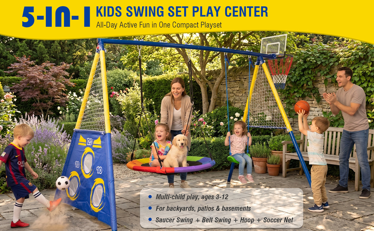 5-in-1 Kids Swing Set with Saucer Swing, Belt Swing, Basketball Hoop & Soccer Goal
