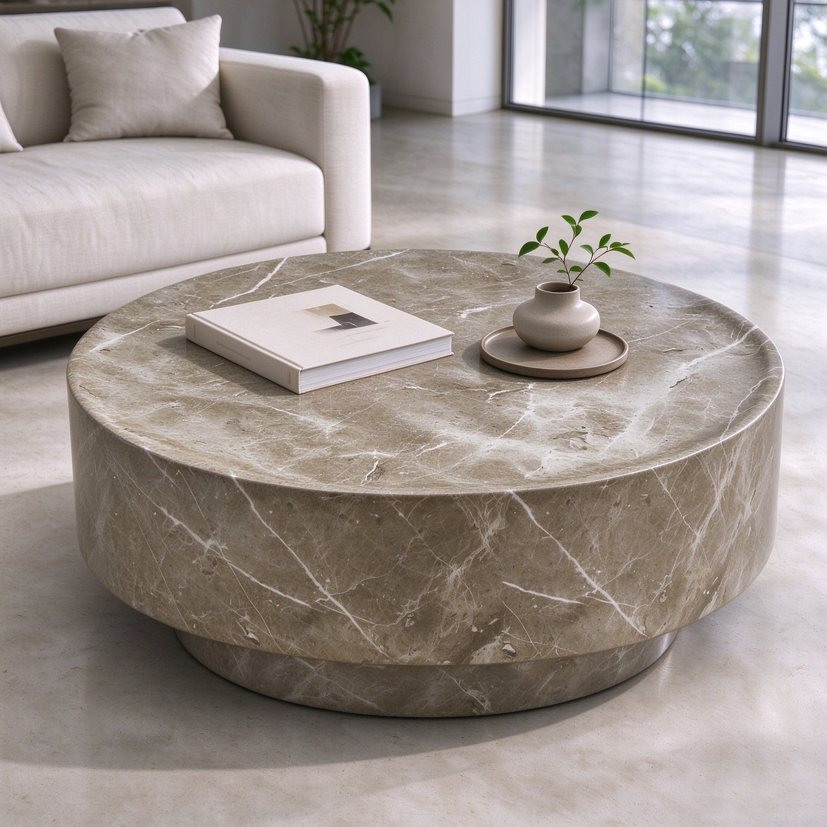 Travertine-Look Round Coffee Table, 31.5-Inch, Brown