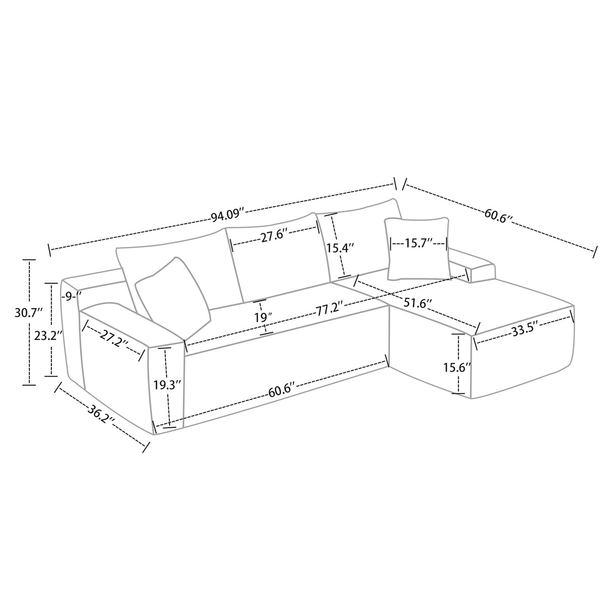 94.06 Inch Right Chaise L Shaped Boneless Cloud Sectional Sofa