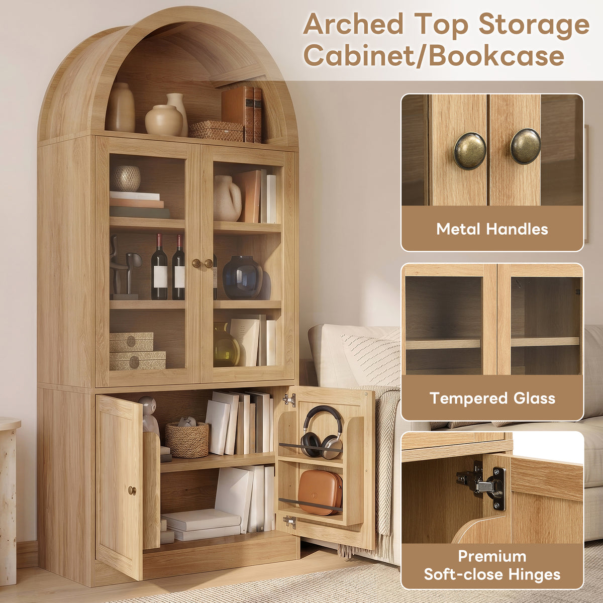 Tall Arched Top Storage Cabinet with Tempered Glass Doors