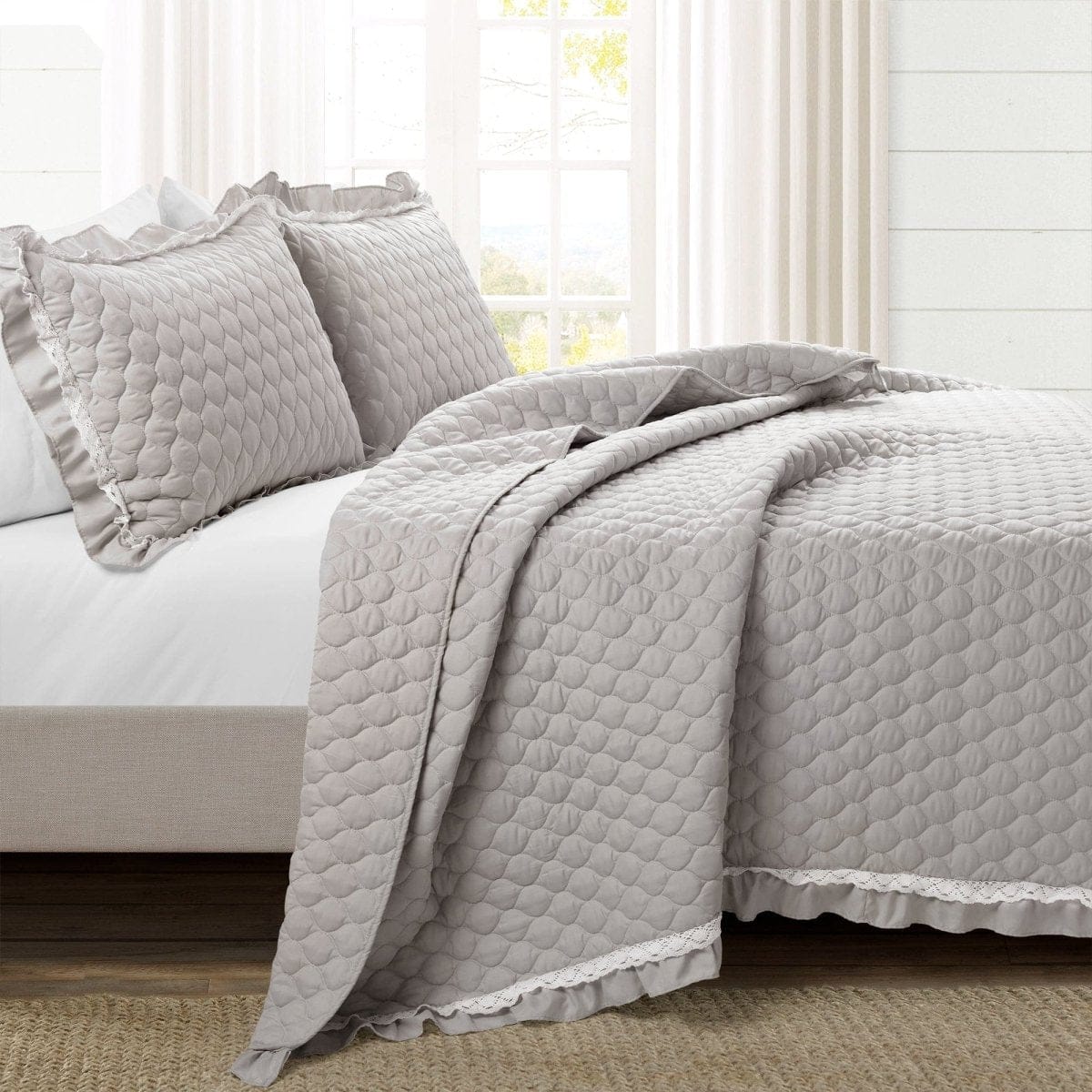LushDecor Ella Ruffle Lace 3 Piece Quilt Set in Light Gray - view 2