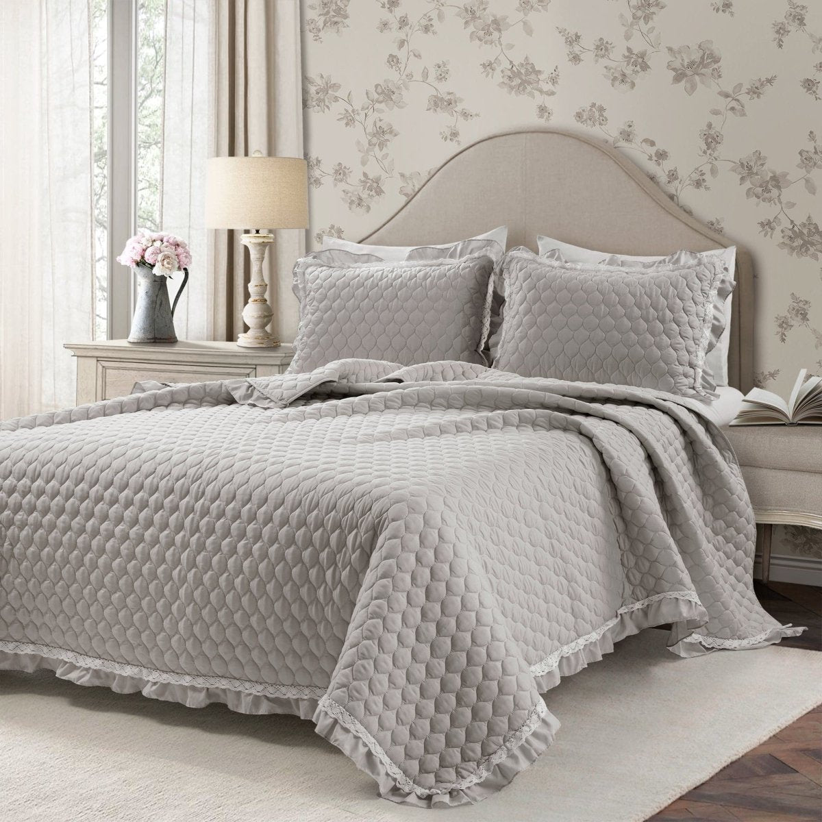 LushDecor Ella Ruffle Lace 3 Piece Quilt Set in Light Gray