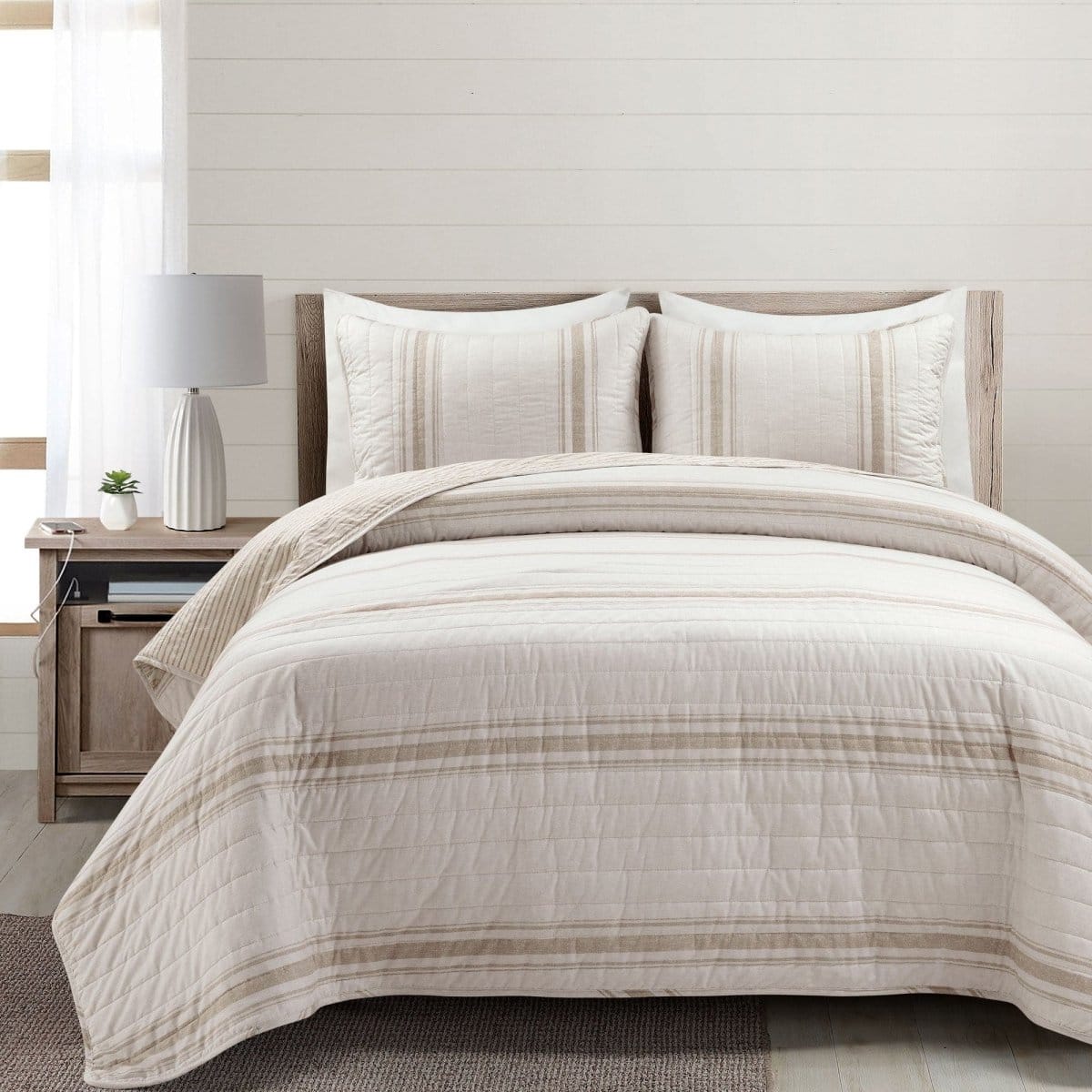 LushDecor Farmhouse Stripe Reversible Cotton Quilt Set in Neutral