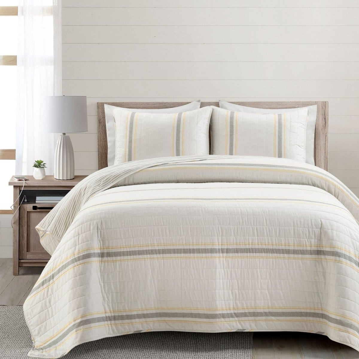 LushDecor Farmhouse Stripe Reversible Cotton Quilt Set in Yellow_Gray
