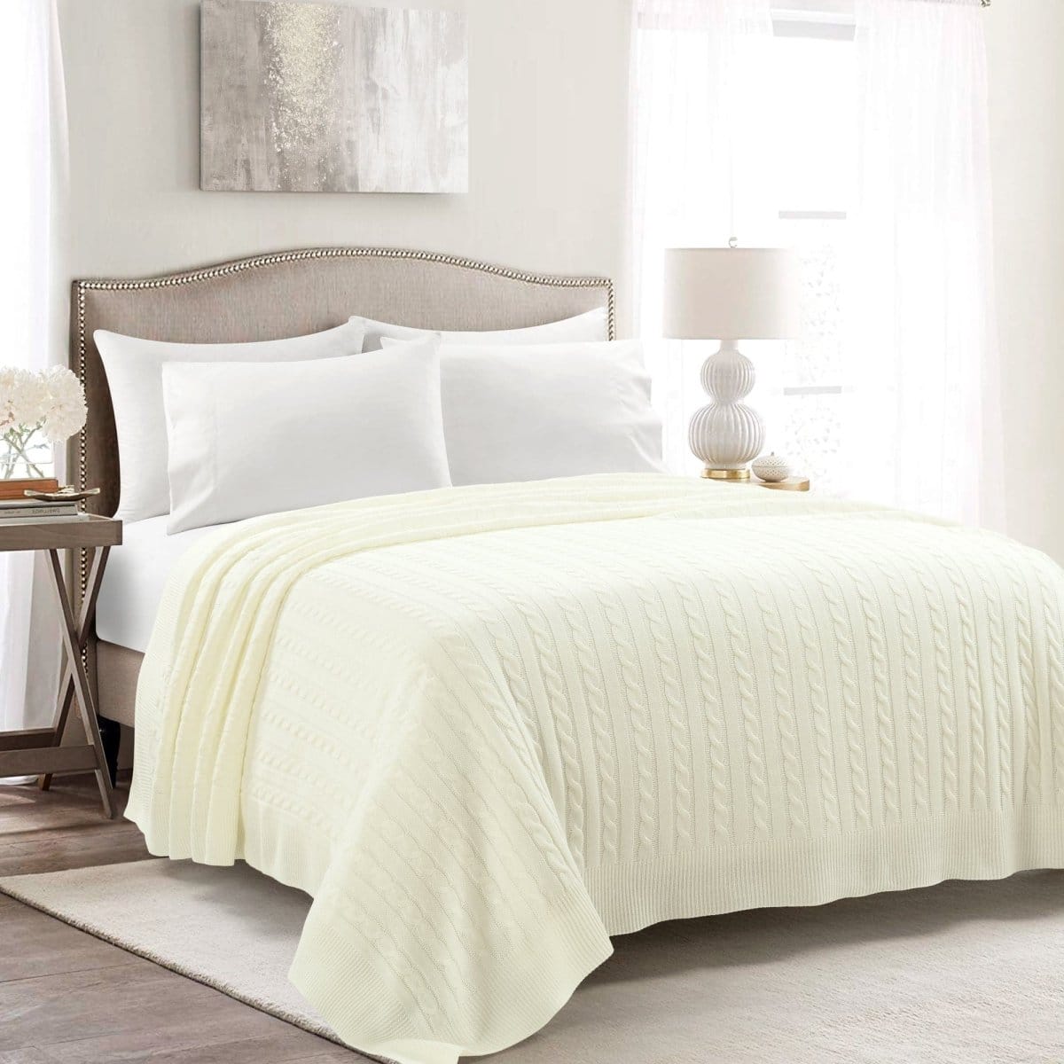LushDecor Cable Soft Knitted Blanket/Coverlet in Ivory