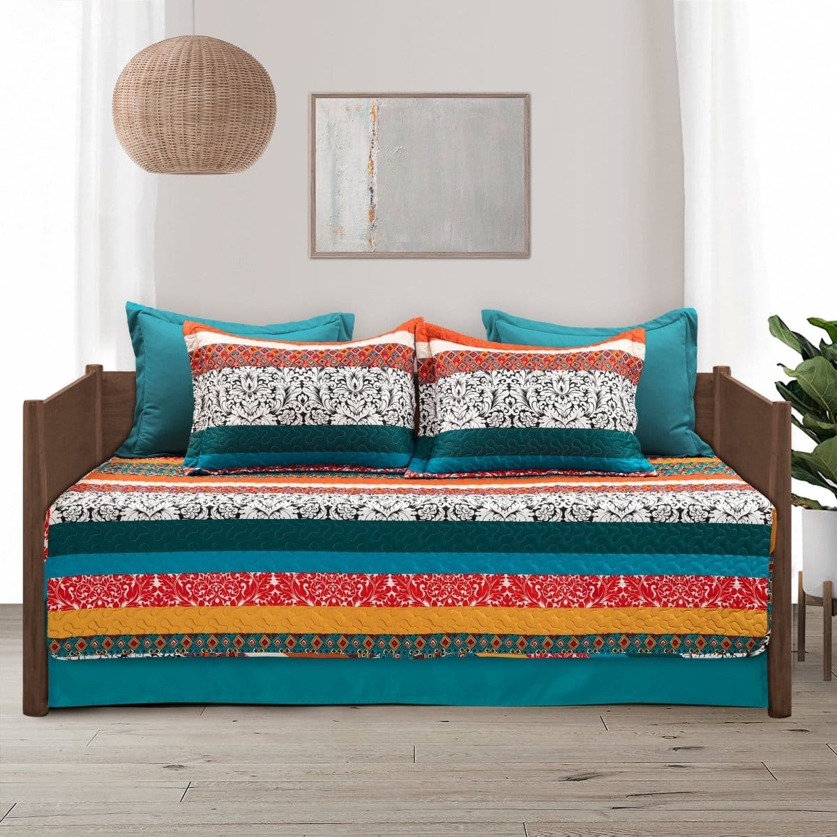 LushDecor Boho Stripe 6 Piece Daybed Cover Set in Turquoise_Tangerine