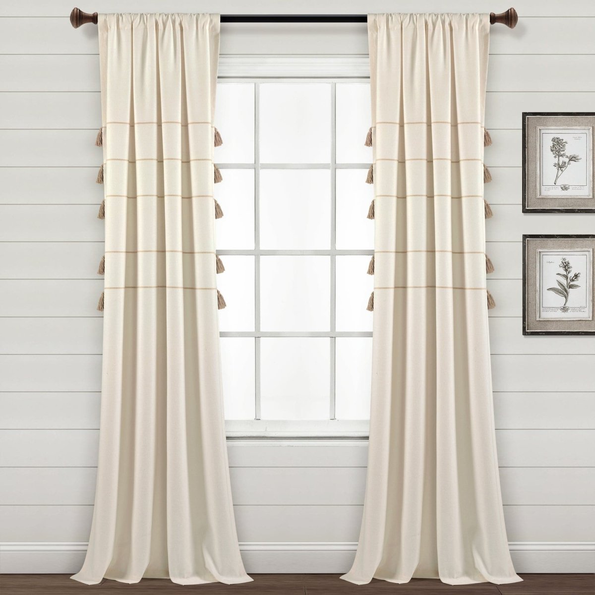 Farmhouse Boho Stripe Woven Tassel Recycled Cotton Window Curtain Panel Set