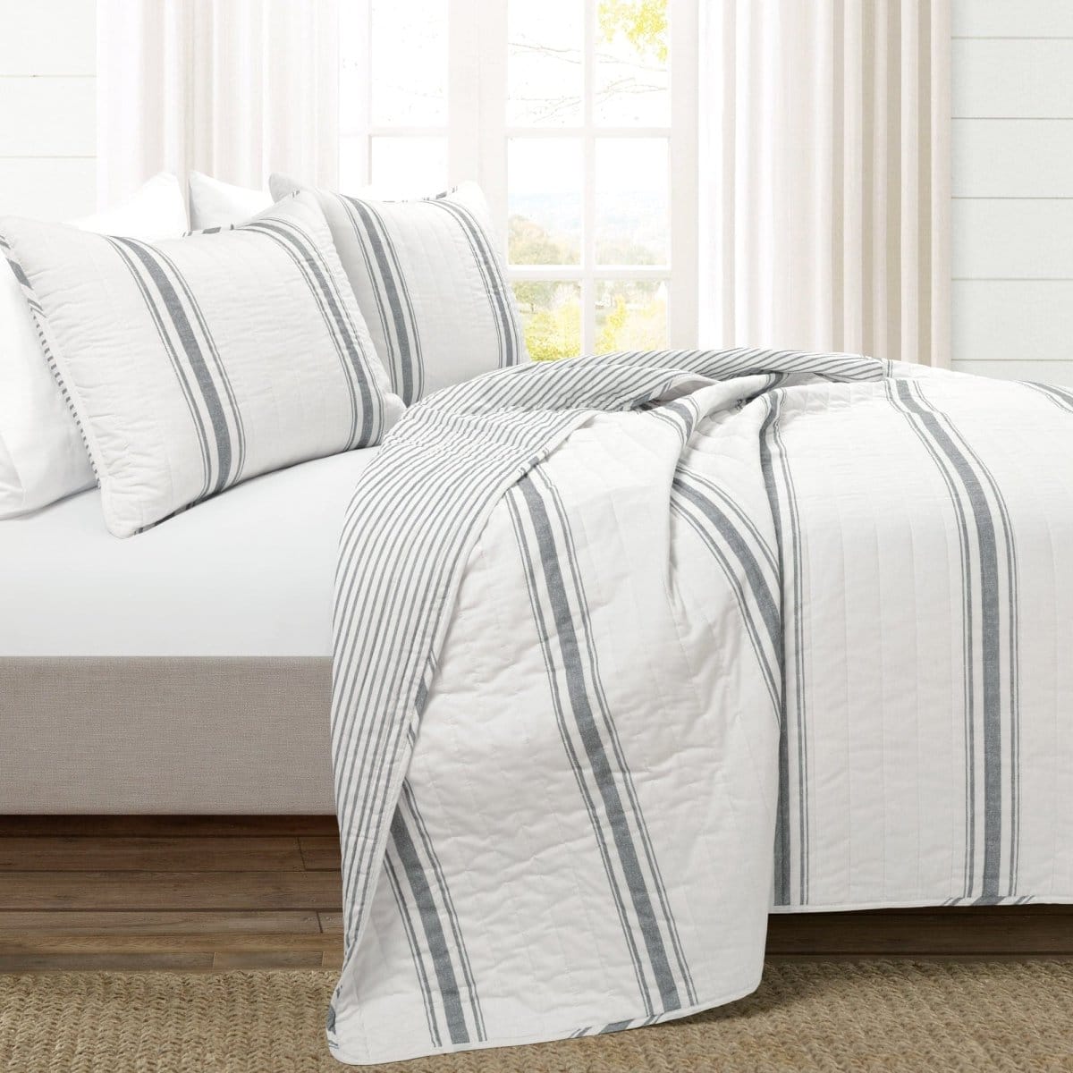 LushDecor Farmhouse Stripe Reversible Cotton Quilt Set in Dark Gray - view 2