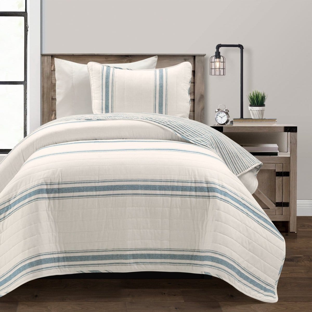 LushDecor Farmhouse Stripe Reversible Cotton Quilt Set in Blue - view 2