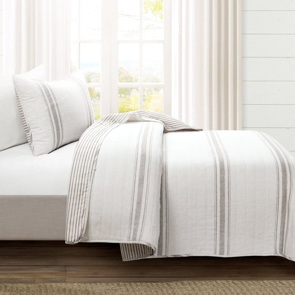 LushDecor Farmhouse Stripe Reversible Cotton Quilt Set - view 7