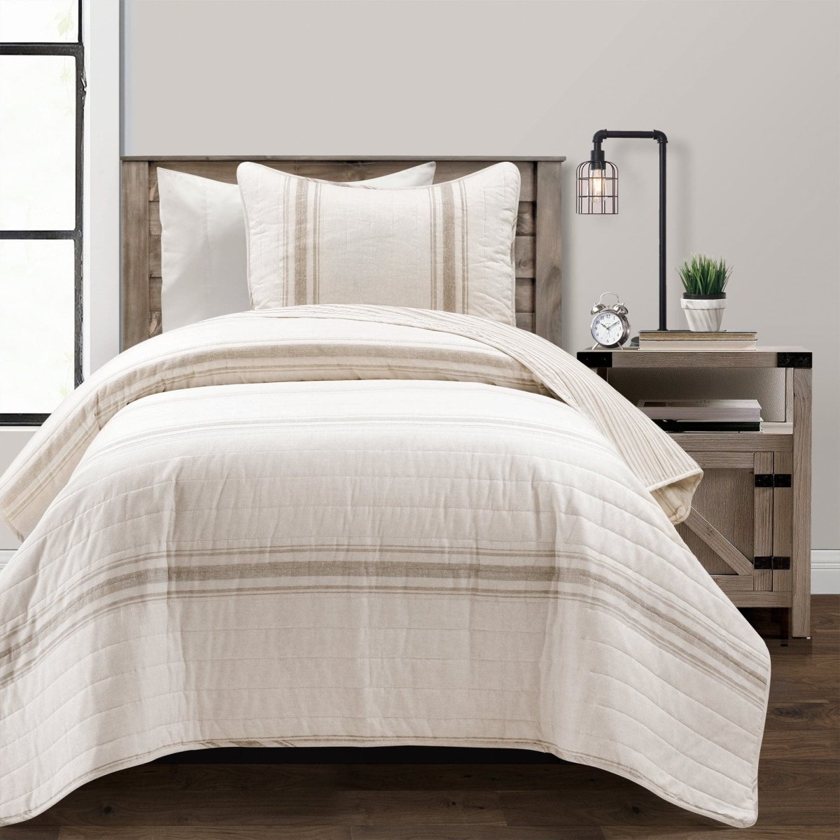 LushDecor Farmhouse Stripe Reversible Cotton Quilt Set in Neutral - view 3