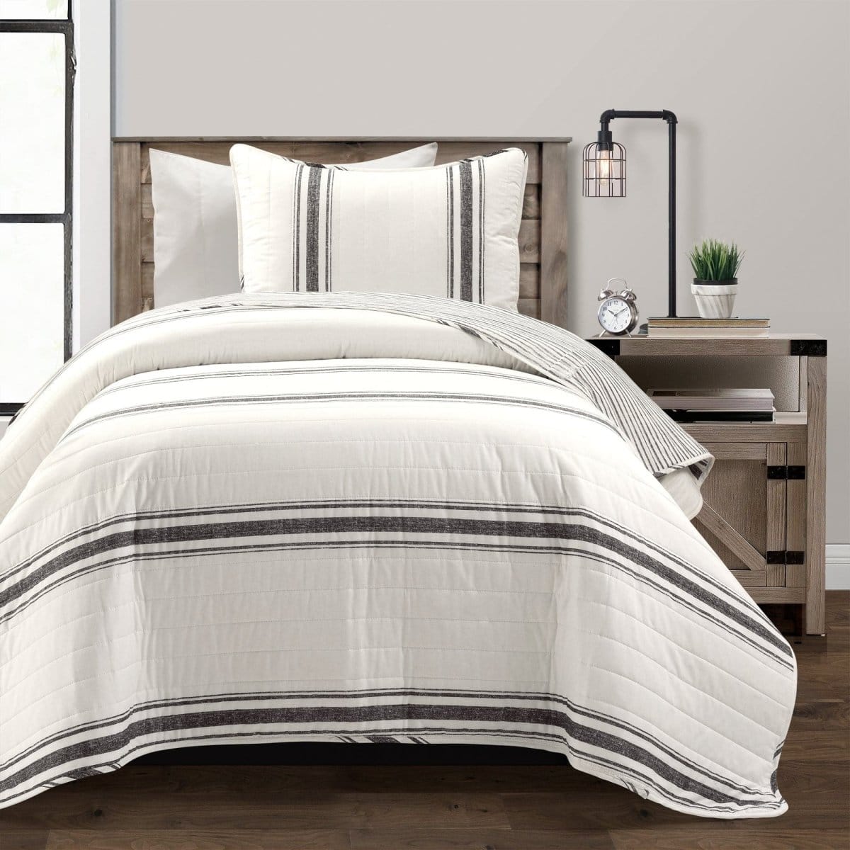LushDecor Farmhouse Stripe Reversible Cotton Quilt Set in Black - view 3