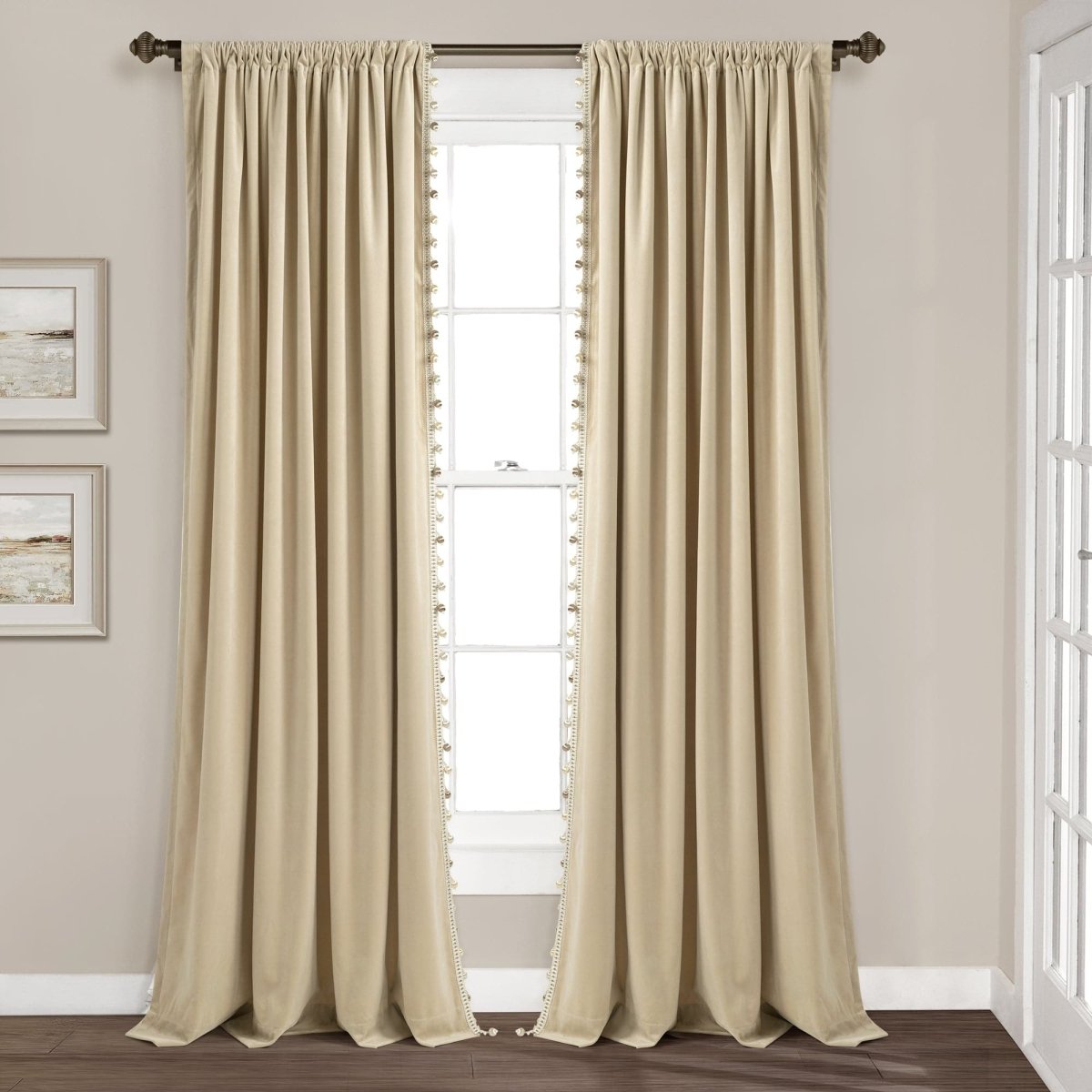 Luxury Vintage Velvet Window Curtain Panel with Silky Pompom Trim
