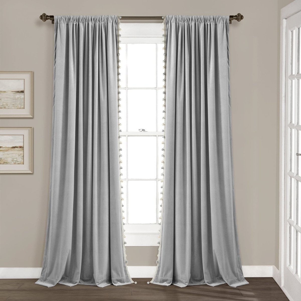 Luxury Vintage Velvet Window Curtain Panel with Silky Pompom Trim