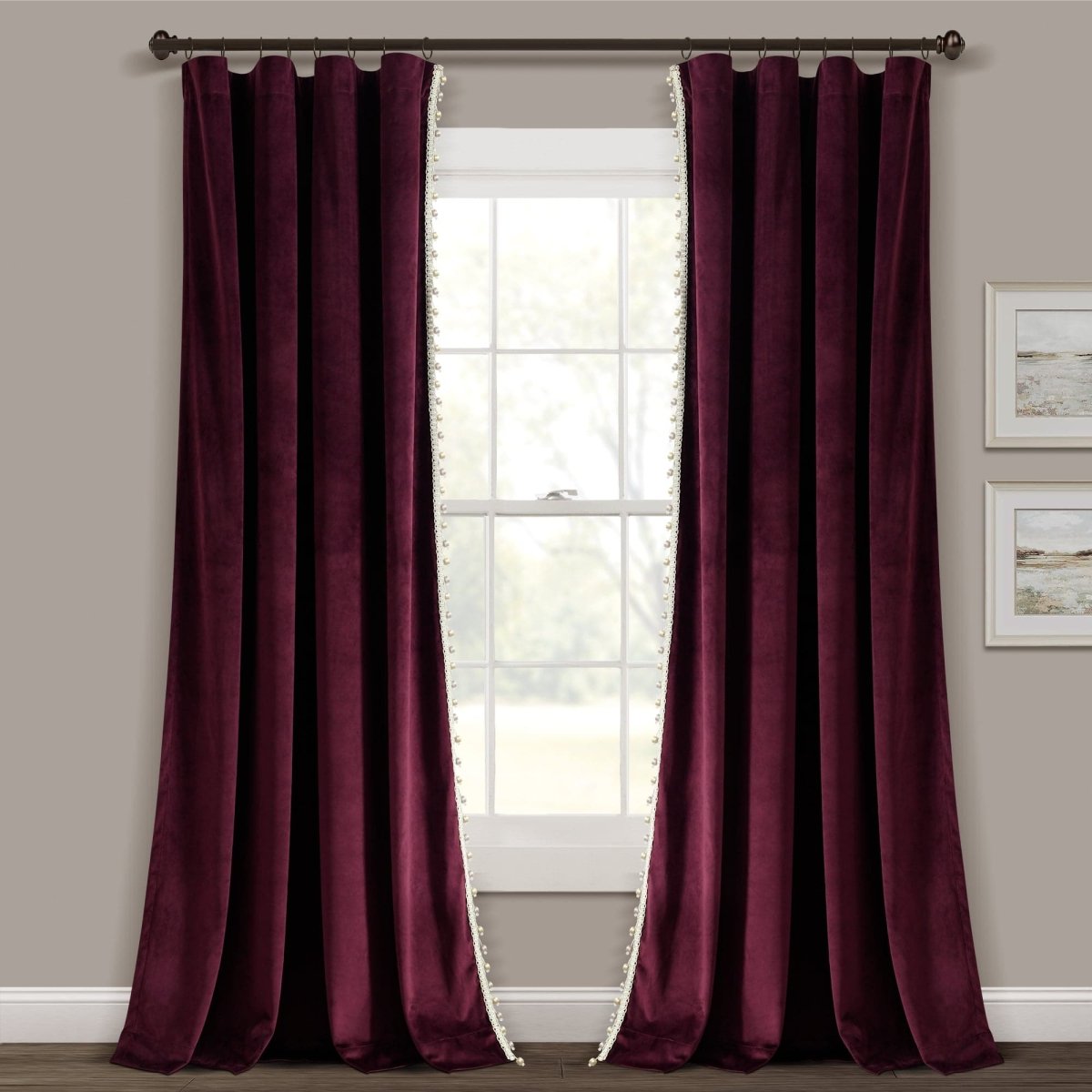 Luxury Vintage Velvet Window Curtain Panel with Silky Pompom Trim