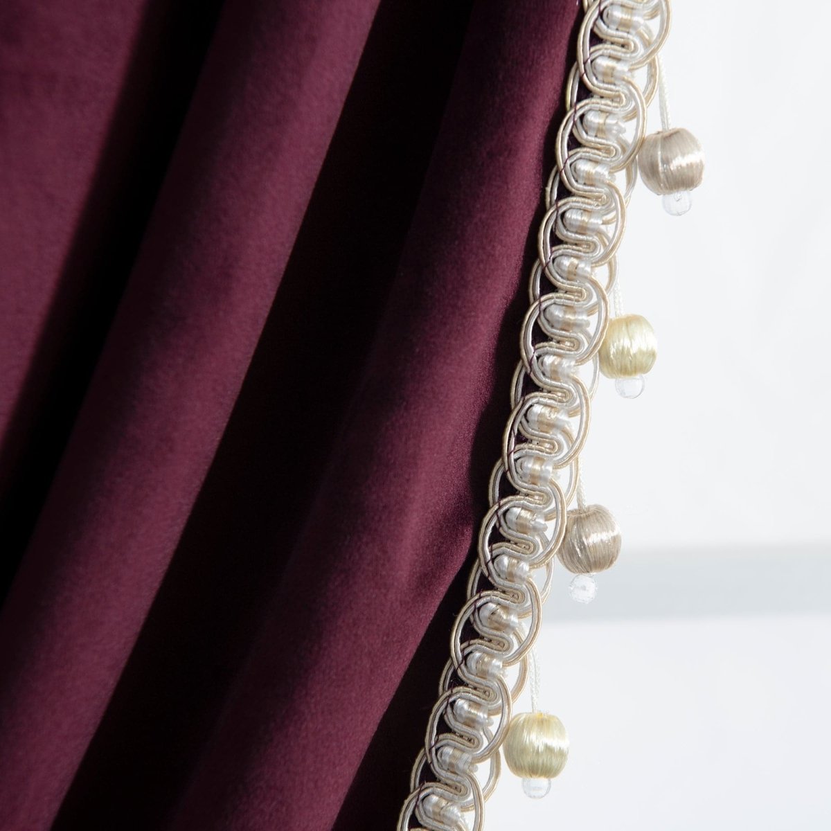 Luxury Vintage Velvet Window Curtain Panel with Silky Pompom Trim