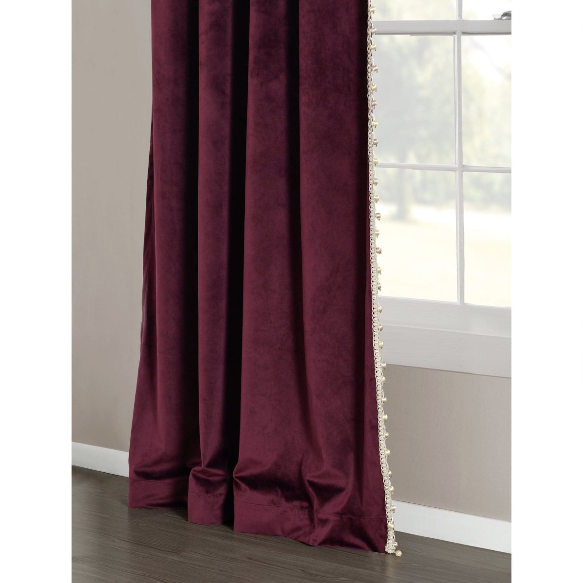 Luxury Vintage Velvet Window Curtain Panel with Silky Pompom Trim