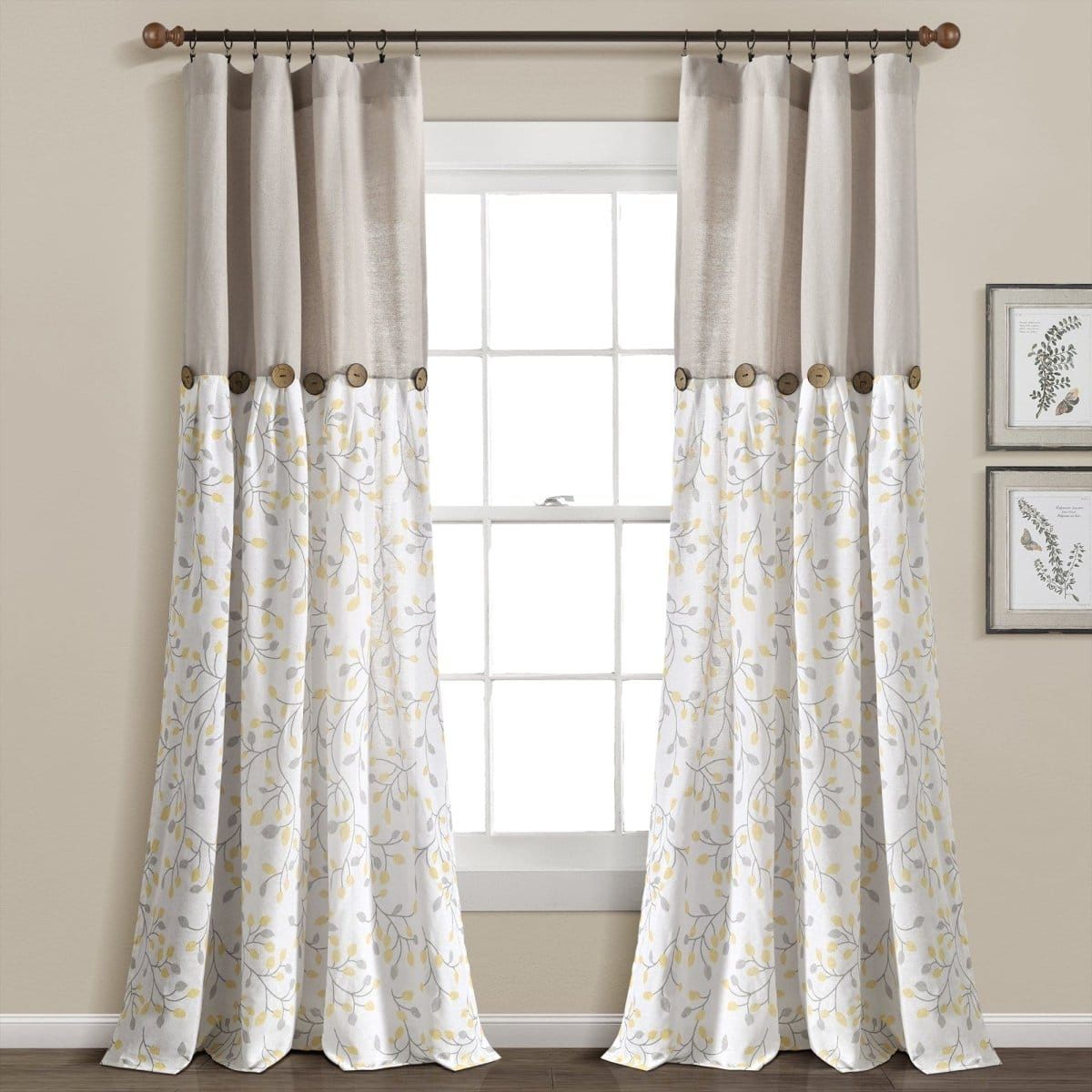 LushDecor Linen Button Botanical Garden Window Curtain Panel in Gray_Yellow