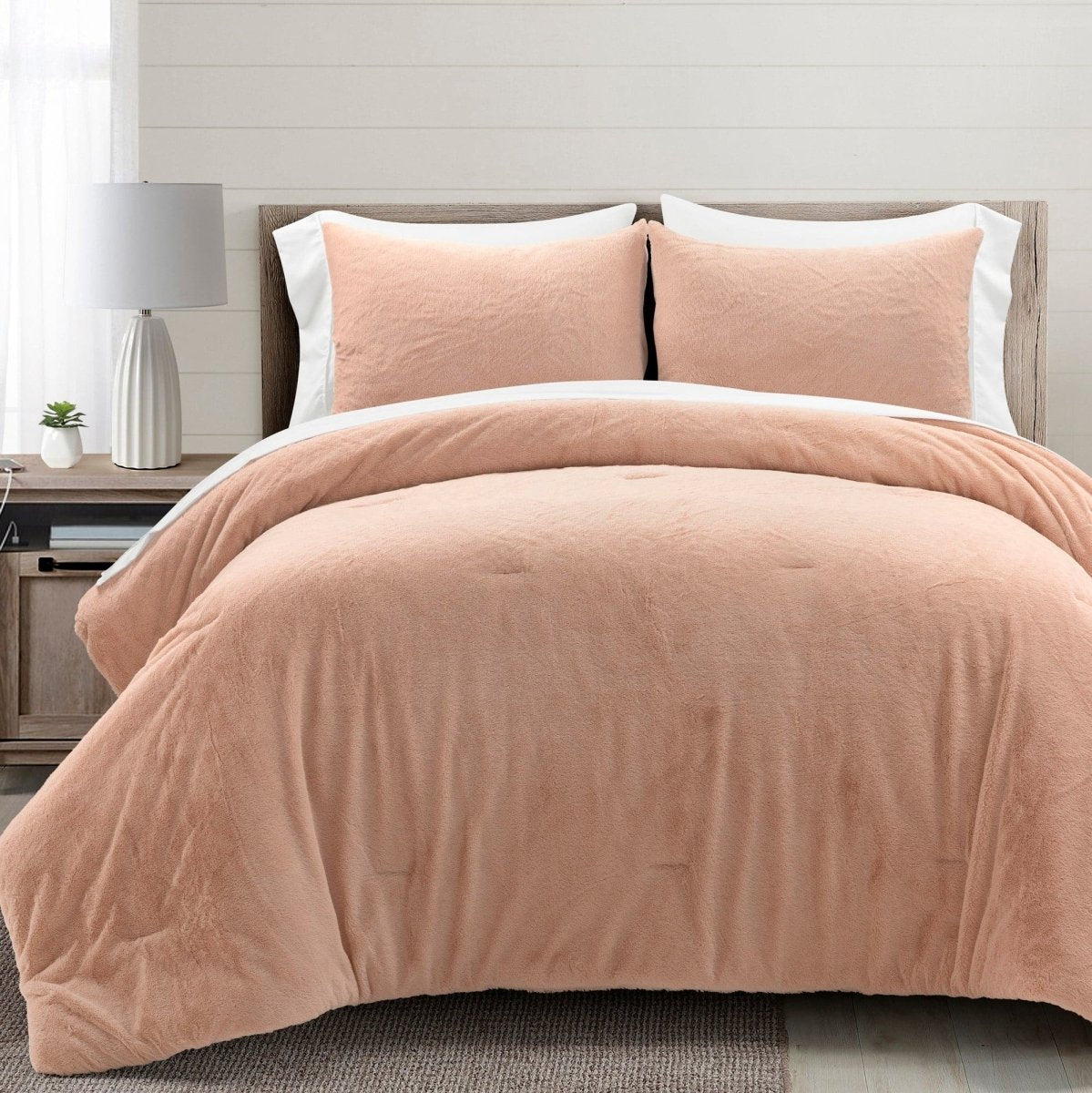 LushDecor Modern Solid Ultra Soft Faux Fur Comforter Bed In A Bag in Blush