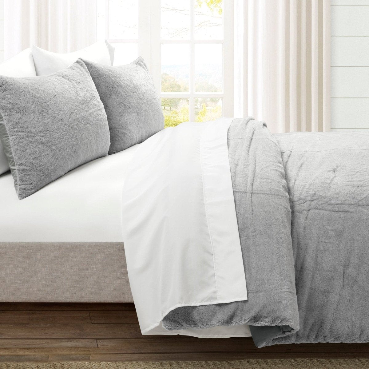 LushDecor Modern Solid Ultra Soft Faux Fur Comforter Bed In A Bag in Light Gray - view 2