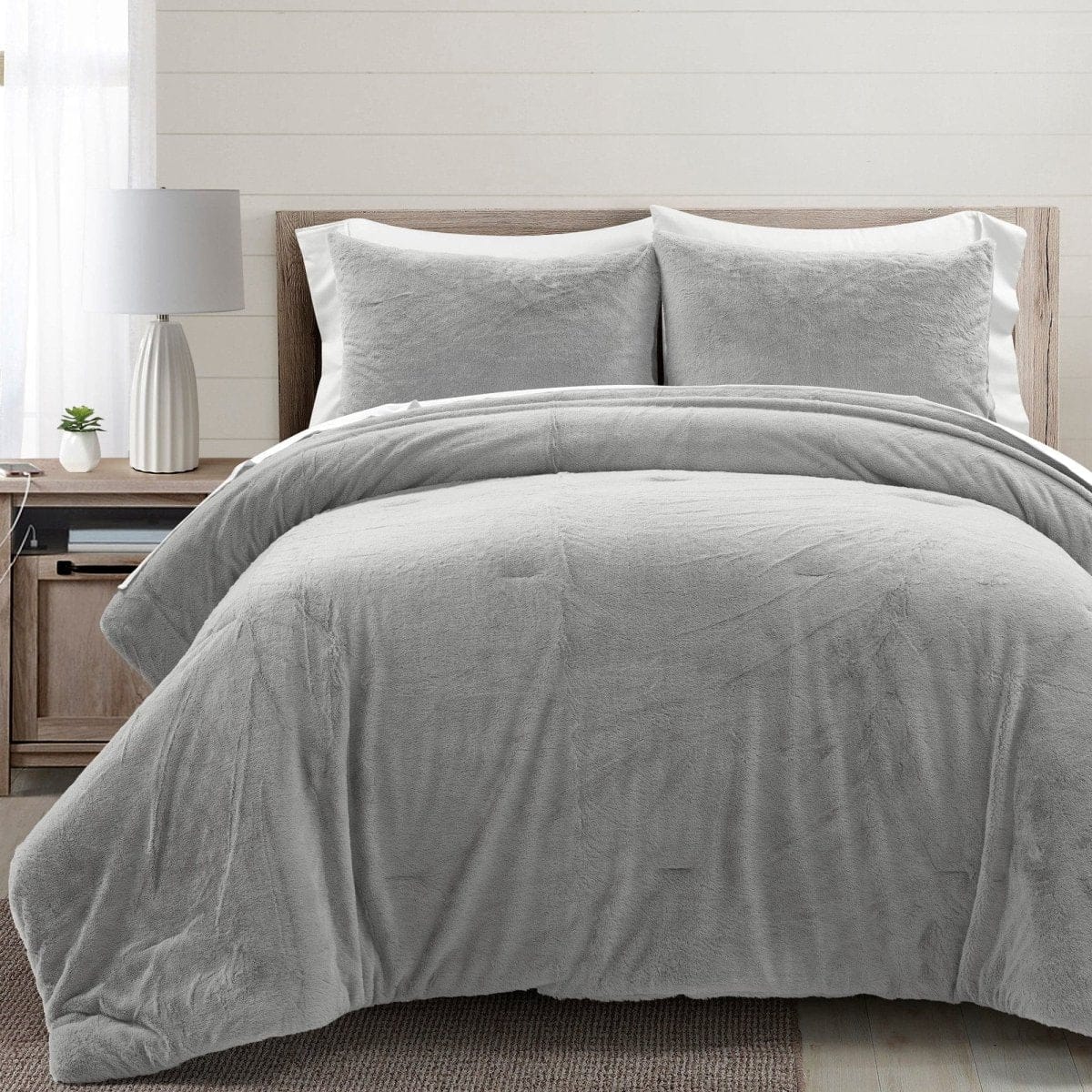 LushDecor Modern Solid Ultra Soft Faux Fur Comforter Bed In A Bag in Light Gray