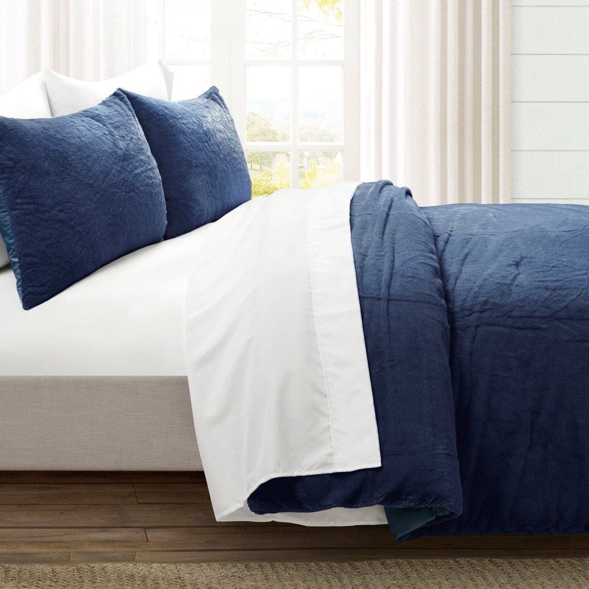 LushDecor Modern Solid Ultra Soft Faux Fur Comforter Bed In A Bag in Navy - view 2