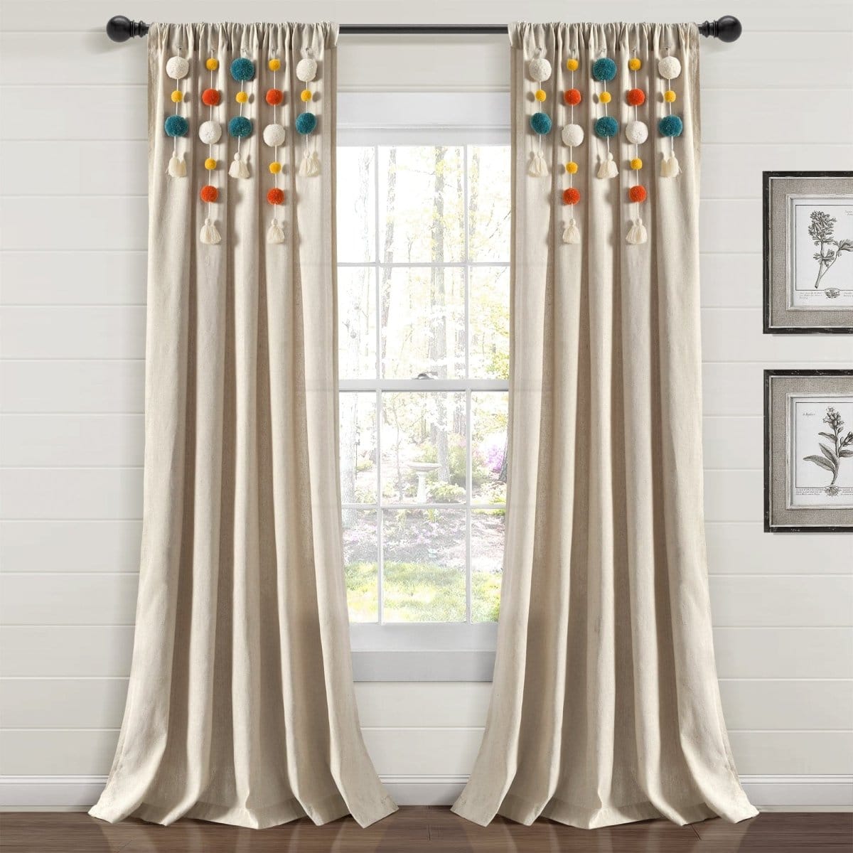 LushDecor Boho Pom Pom Tassel Faux Linen Window Curtain Panel in Turquoise_Orange
