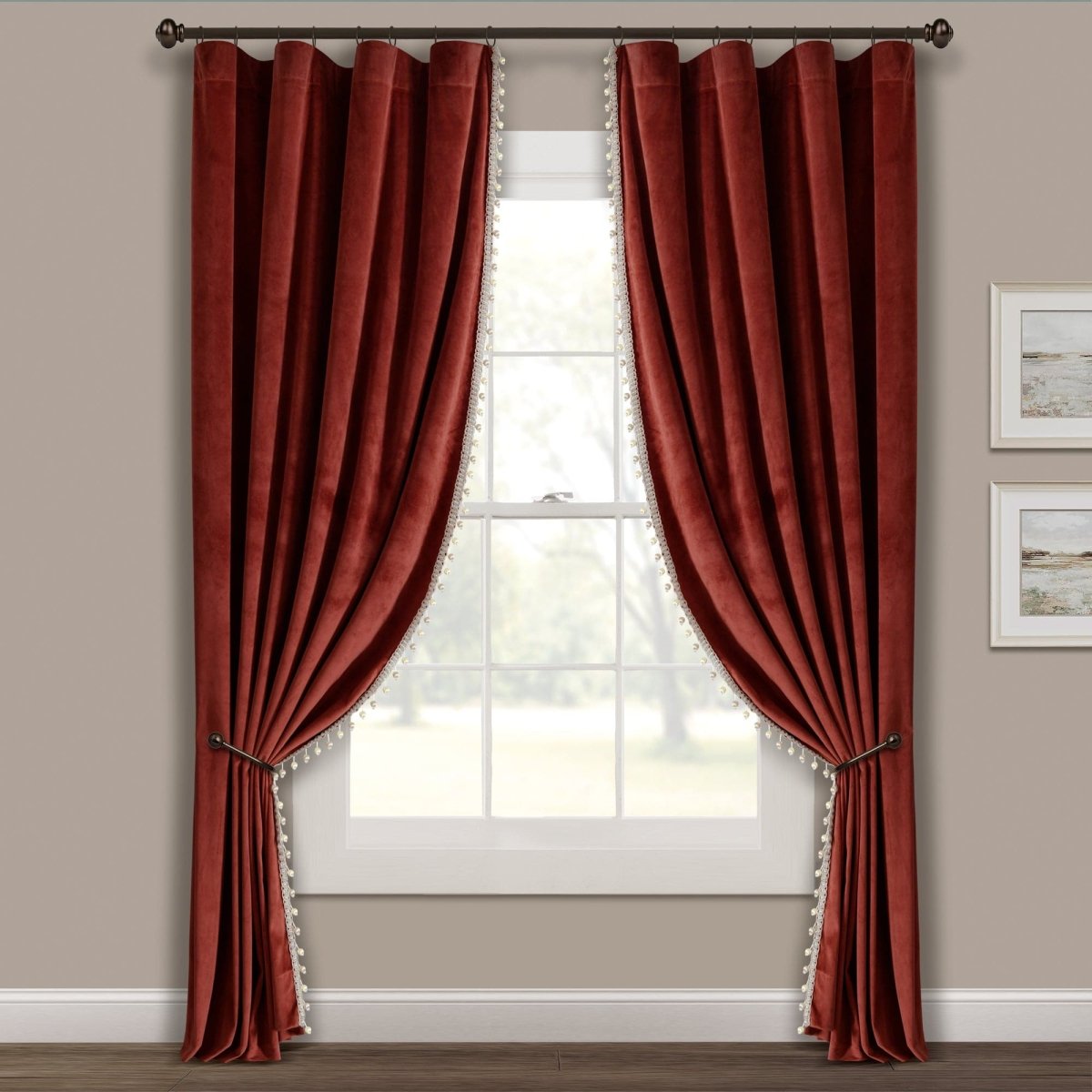 Luxury Vintage Velvet Window Curtain Panel with Silky Pompom Trim
