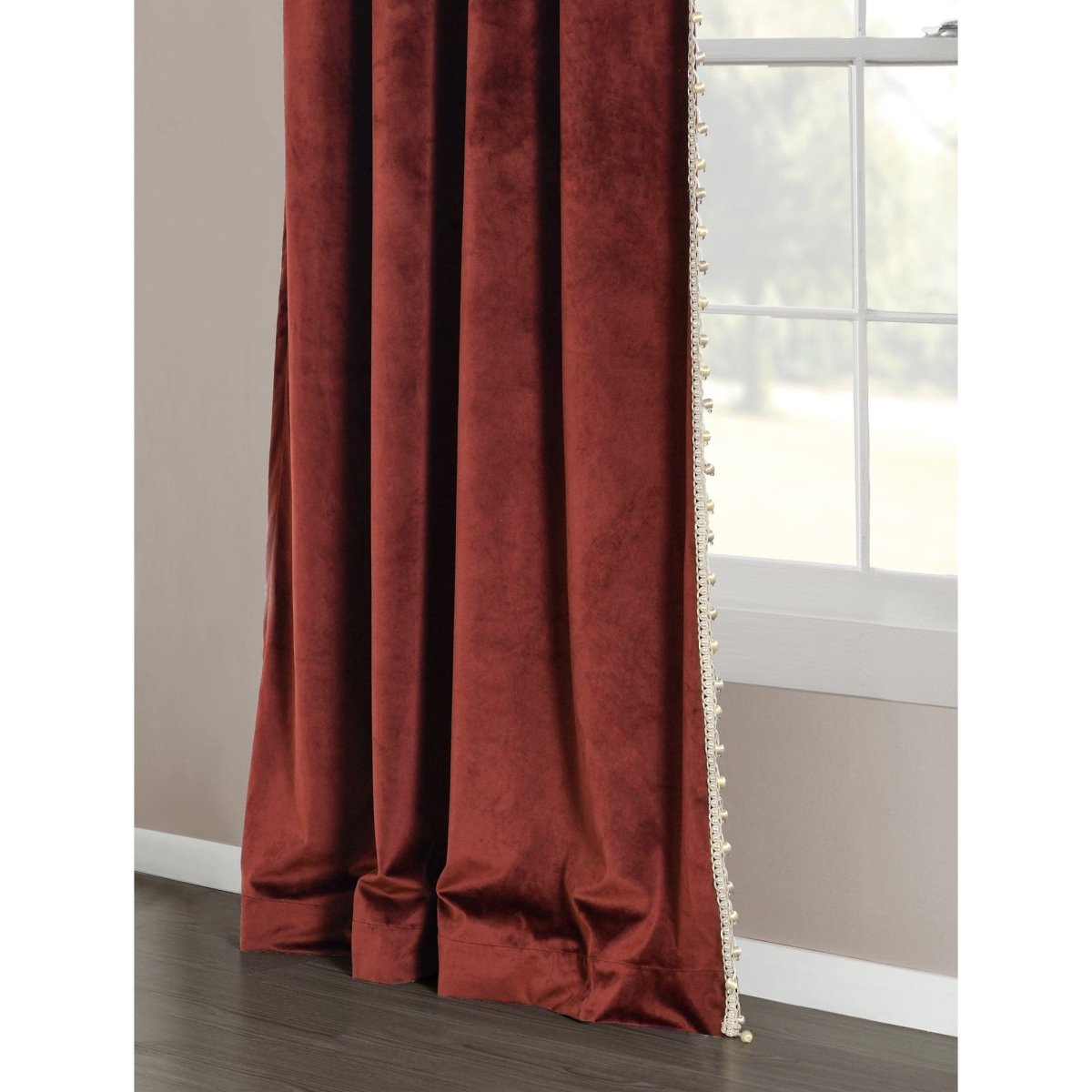 Luxury Vintage Velvet Window Curtain Panel with Silky Pompom Trim
