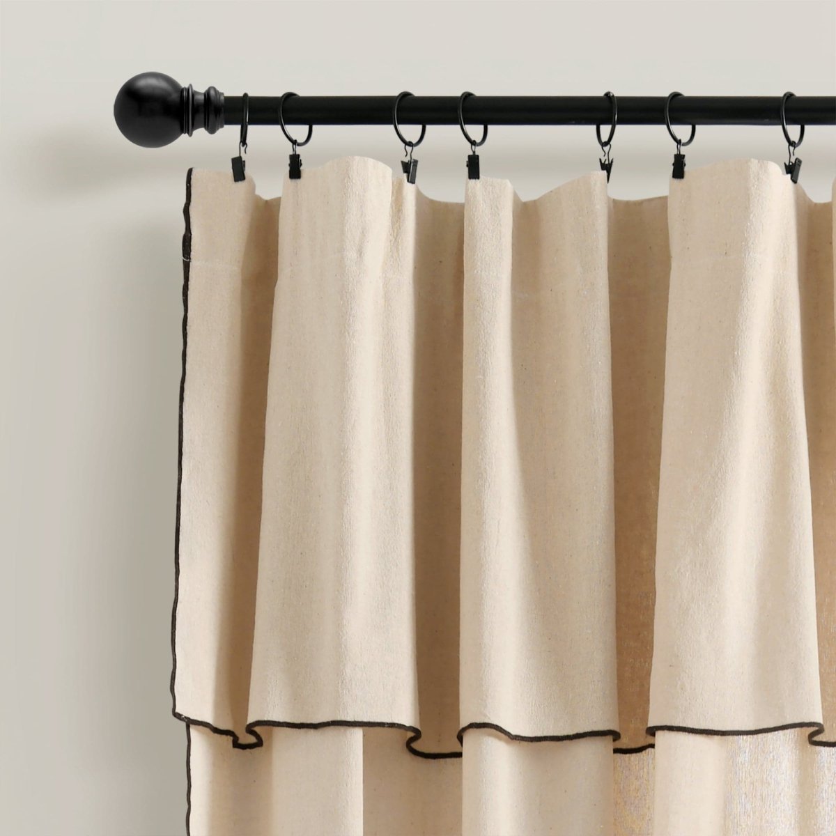 Modern Faux Linen Embroidered Edge Window Curtain Panel Set with Attached Valance