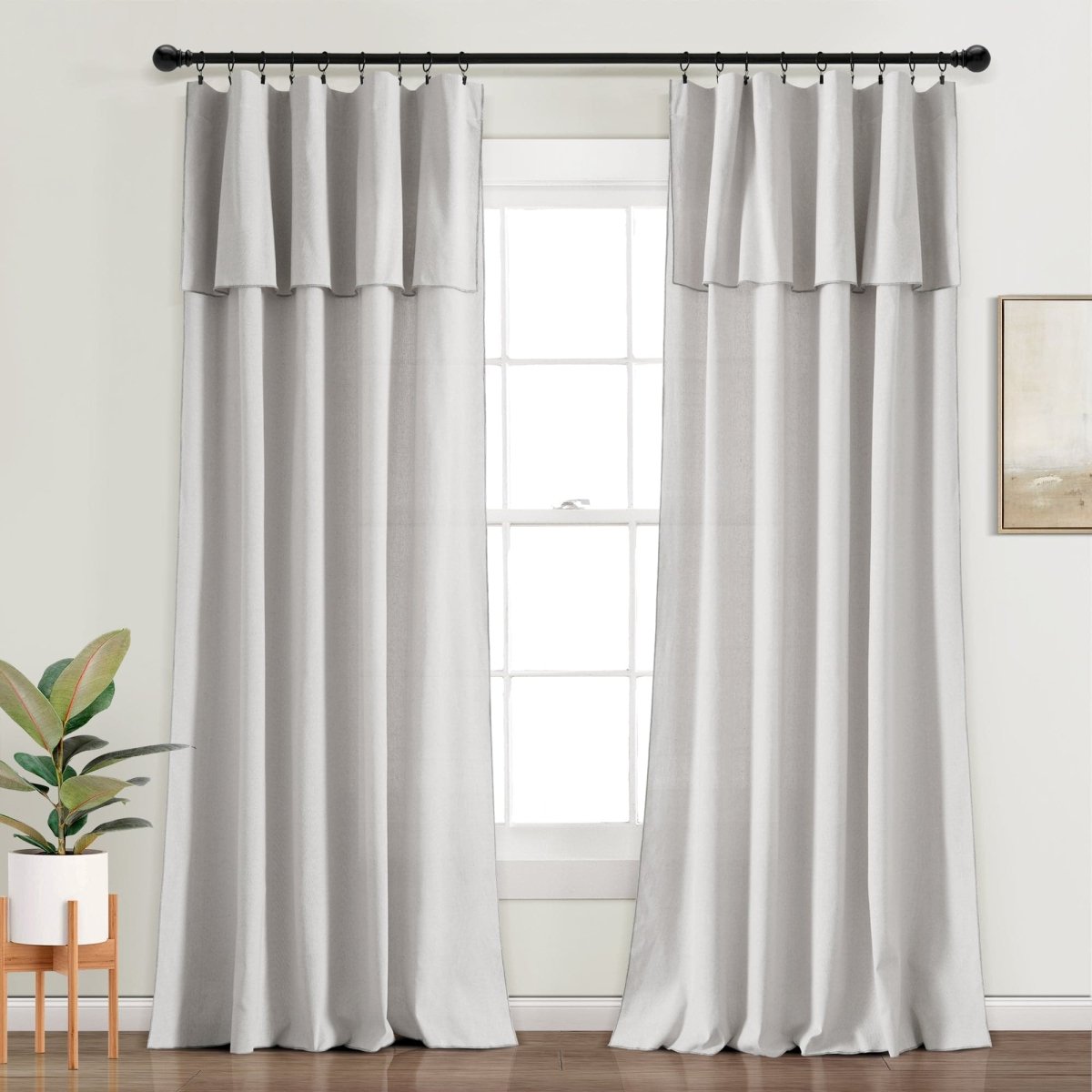Modern Faux Linen Embroidered Edge Window Curtain Panel Set with Attached Valance