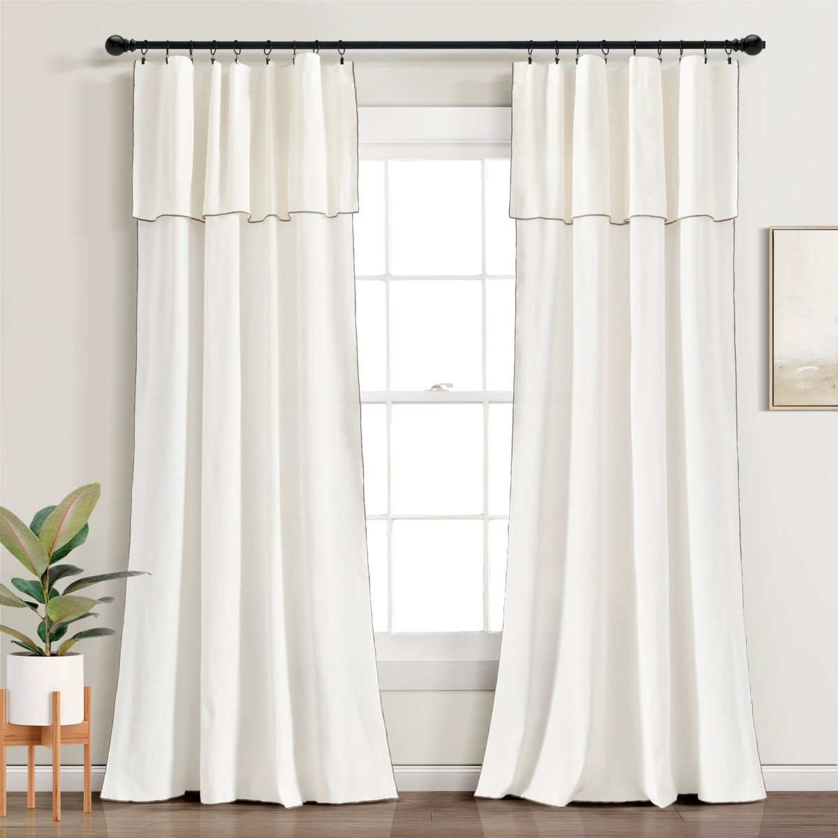Modern Faux Linen Embroidered Edge Window Curtain Panel Set with Attached Valance