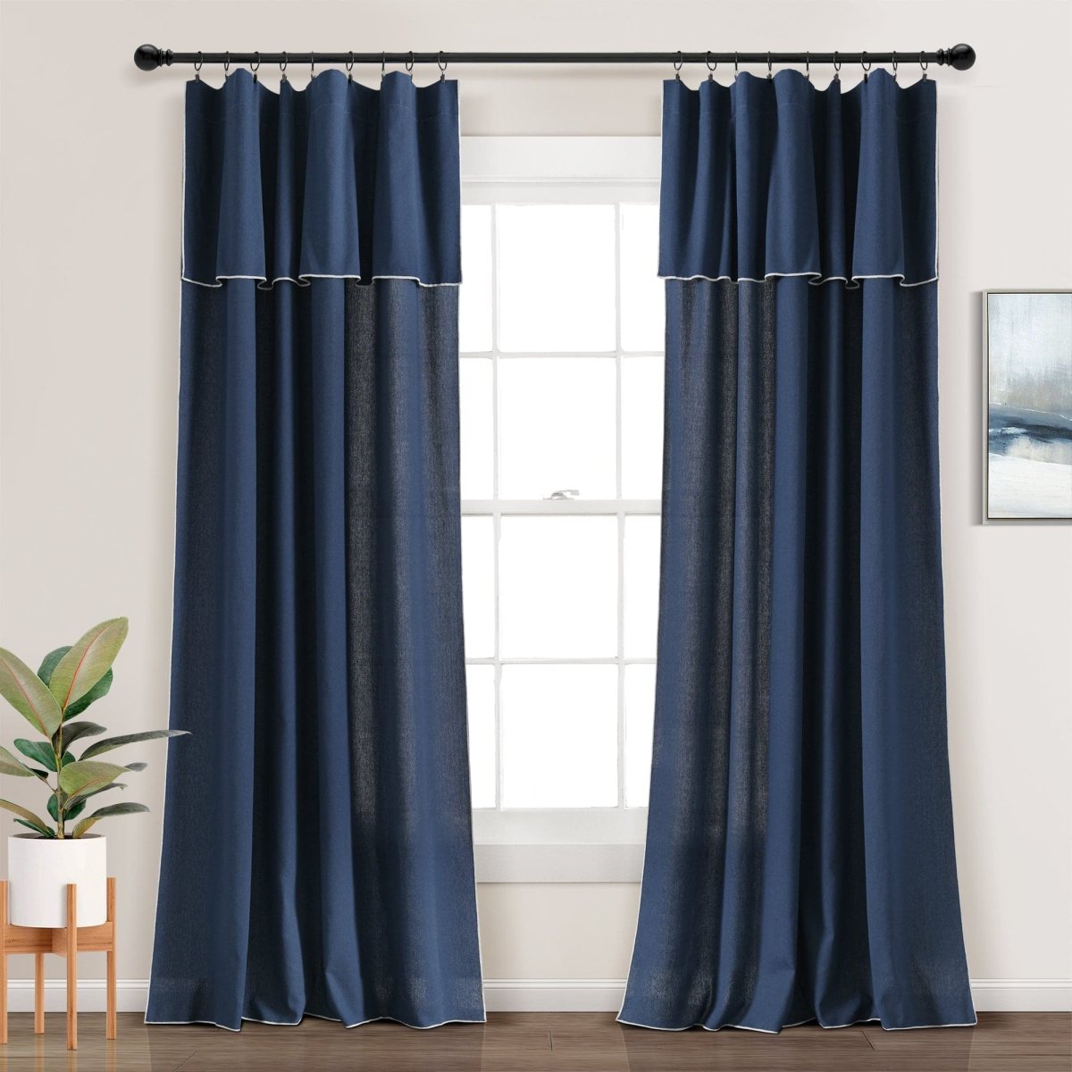 Modern Faux Linen Embroidered Edge Window Curtain Panel Set with Attached Valance