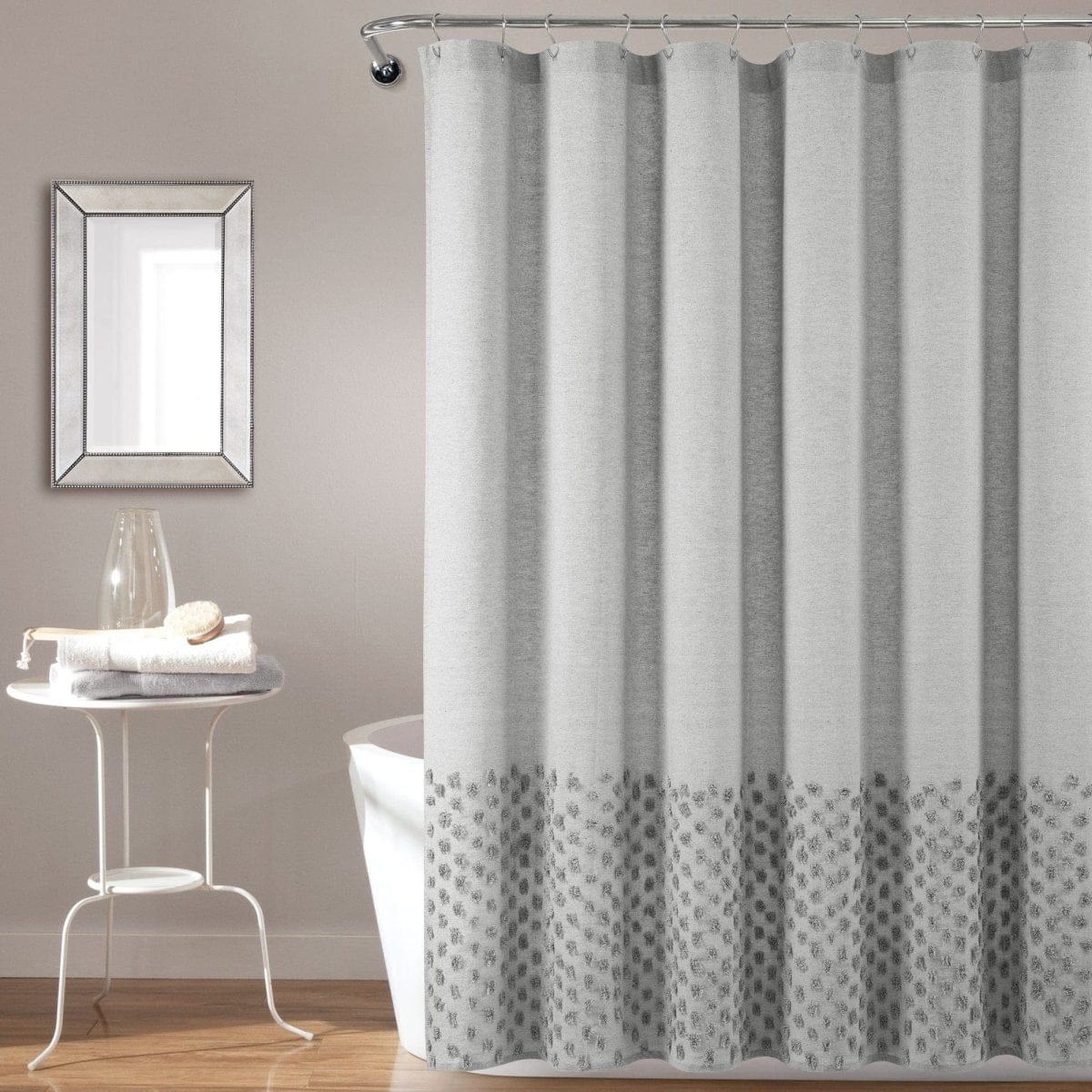 LushDecor Boho Polka Dot Yarn Dyed Recycled Cotton Blend Shower Curtain in Light Gray