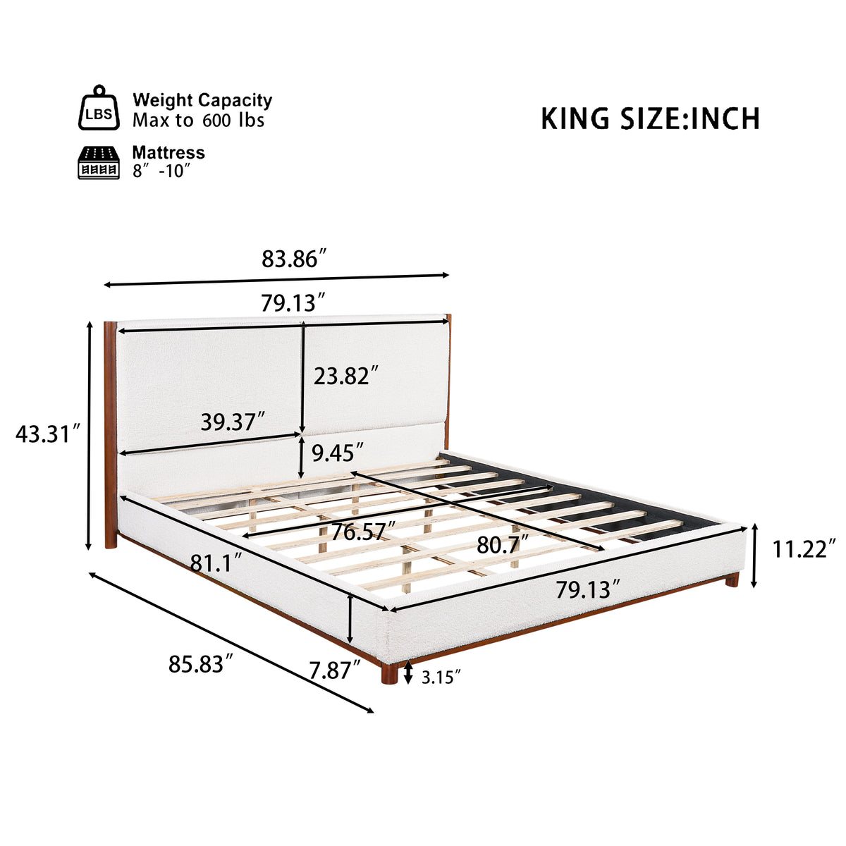 King Size Upholstered Bed Frame with Slat Support - White & Walnut