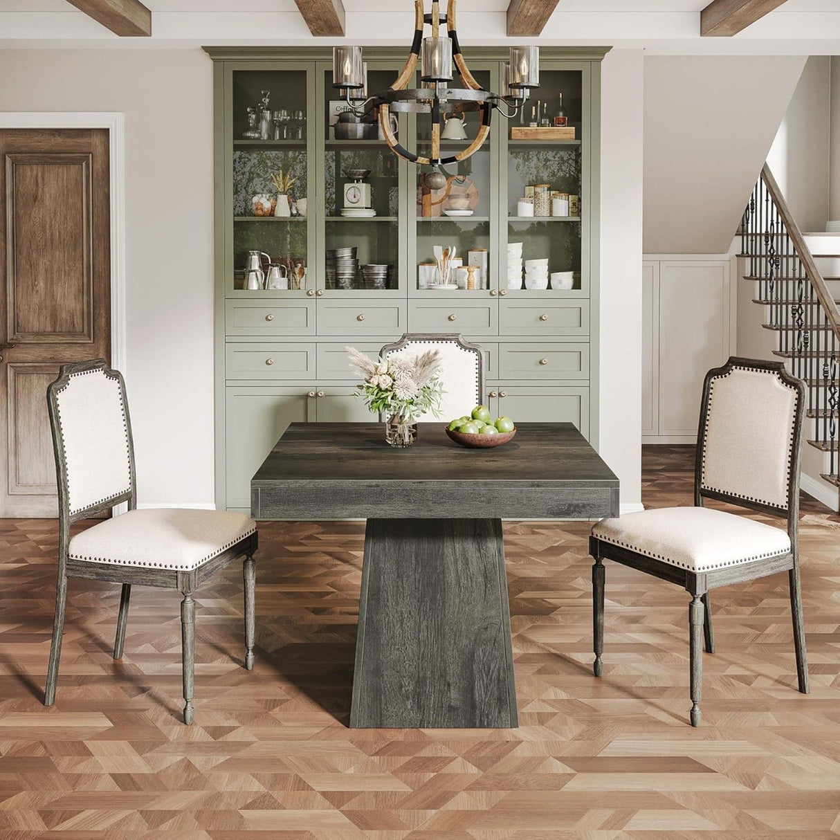 Square Dining Table For 4 With Thick Grain Top And Sturdy Pedestal Base - Gray